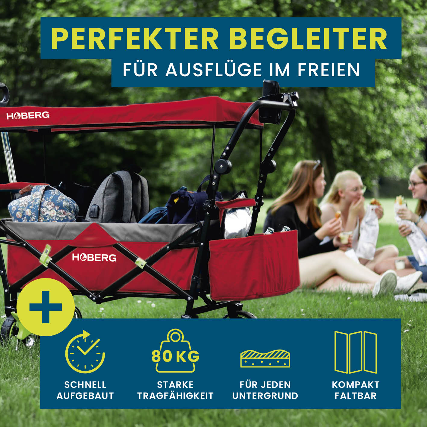 Faltbarer Bollerwagen - Rot von HOBERG, robust, faltbar, 80 kg Tragfähigkeit, mit Dach, ideal für Ausflüge im Freien.