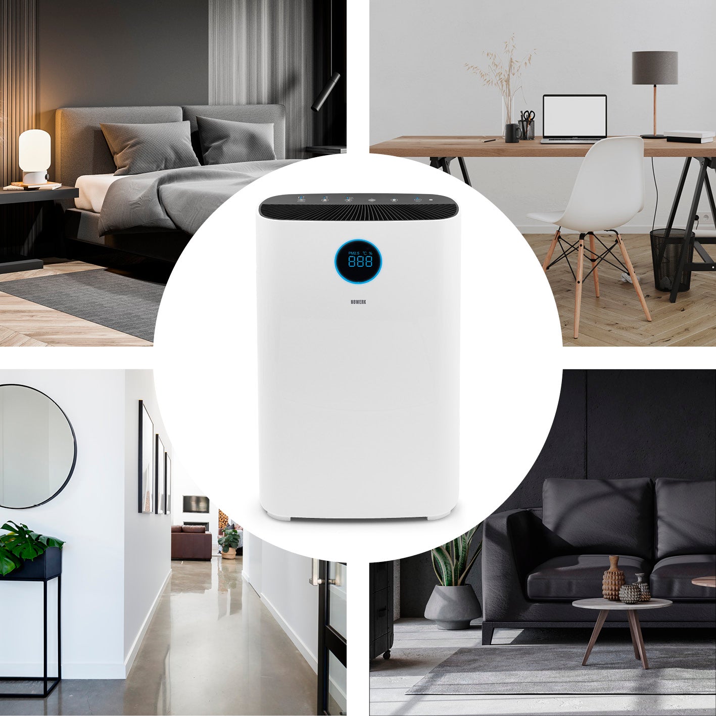Luftreiniger S - HEPA H14 entfernt 99,975% Schadstoffe mit 6-fach-Filtersystem und zeigt Luftqualität auf digitalem Display.