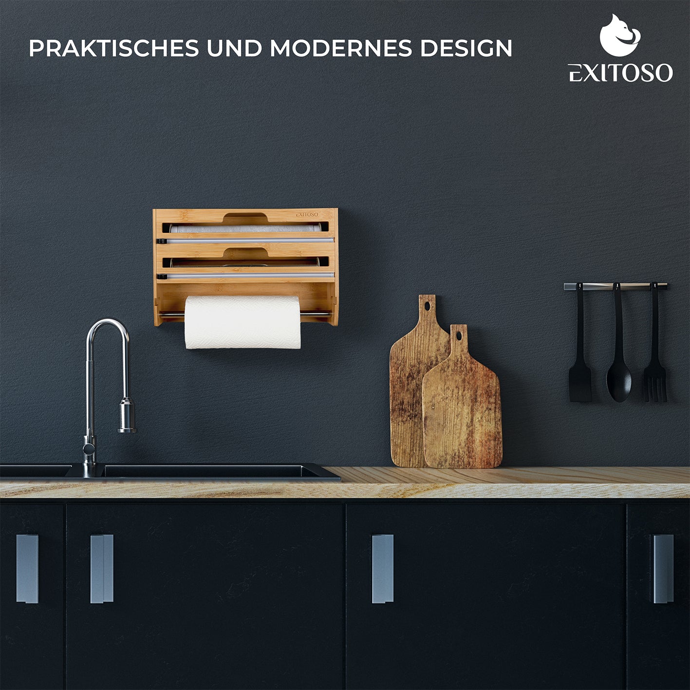 3 in 1 Folienschneider + Wandrollenhalter + Frischhaltefolienspender in modernem Design für Küchenpapier, Alufolie und Frischhaltefolie.