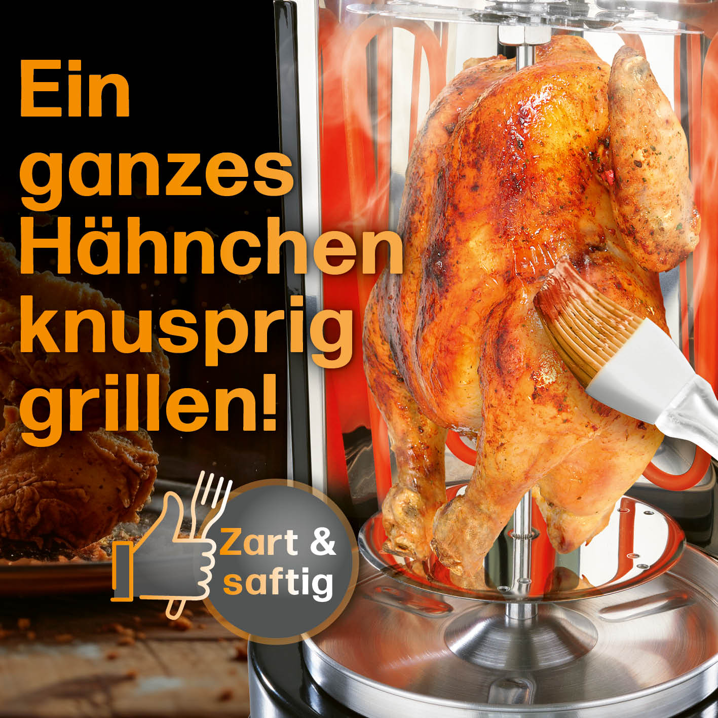 Dönergrill mit ganzem Hähnchen, das gleichmäßig knusprig gegrillt und mit Pinsel bestrichen wird.