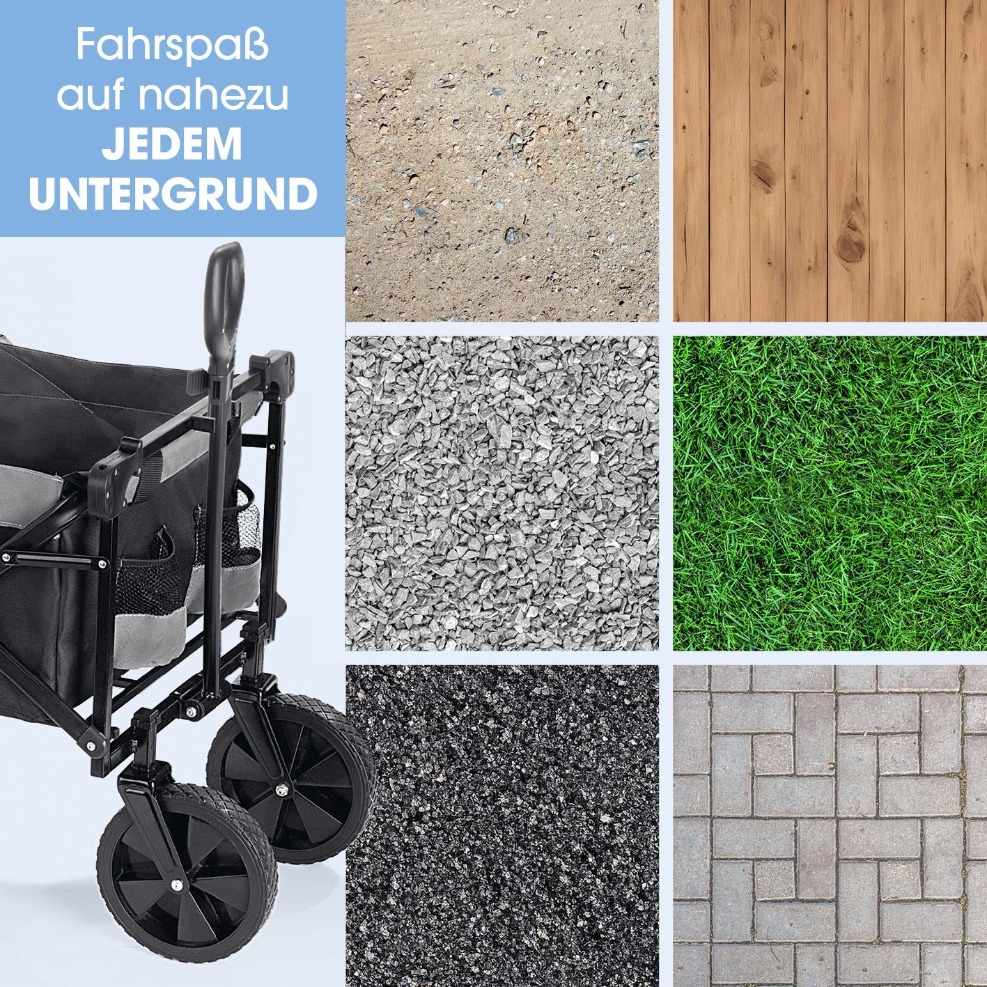 Bollerwagen mit Dach - faltbar anthrazit/schwarz mit 360° drehbaren Vorderrädern für Fahrspaß auf fast jedem Untergrund.