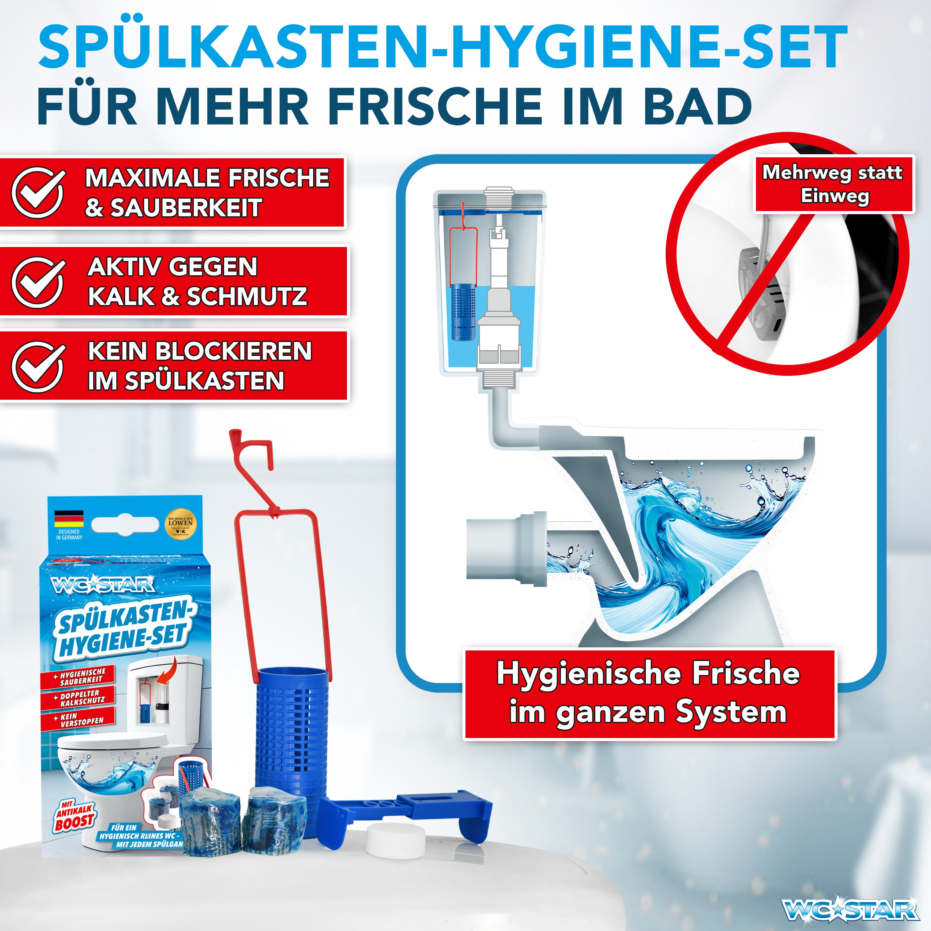WC-Star Nachfüll-Set (8x Spülkasten-Tab + 4x Antikalk-Tab) für hygienische Frische und Anti-Kalk-Boost im Spülkastensystem.