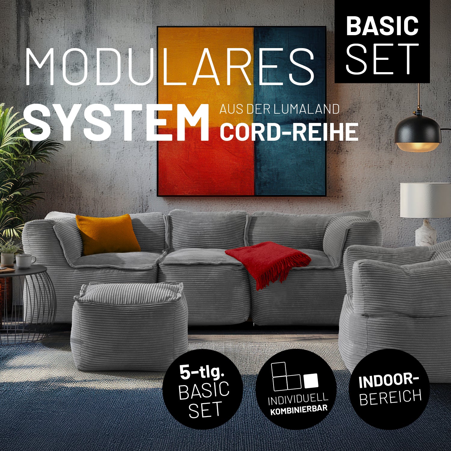 Modulares Basic Set (5-tlg.) aus der Cord-Reihe - Grau, modernes Sofa mit kuscheligem Cordbezug und flexibel kombinierbaren Modulen.