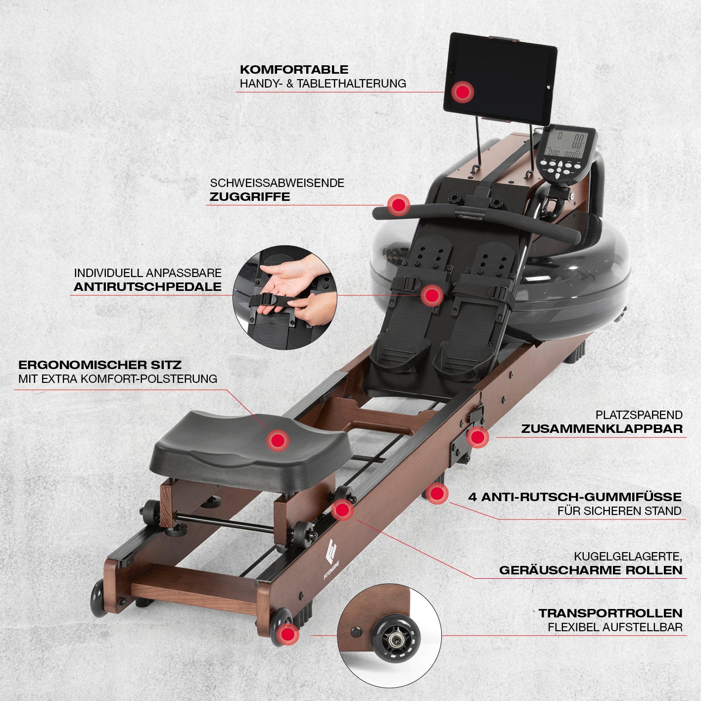 Klappbares Wasser-Rudergerät 2.0 - Dark Brown aus Eschenholz, ergonomisch, platzsparend klappbar mit Monitor und Transportrollen.