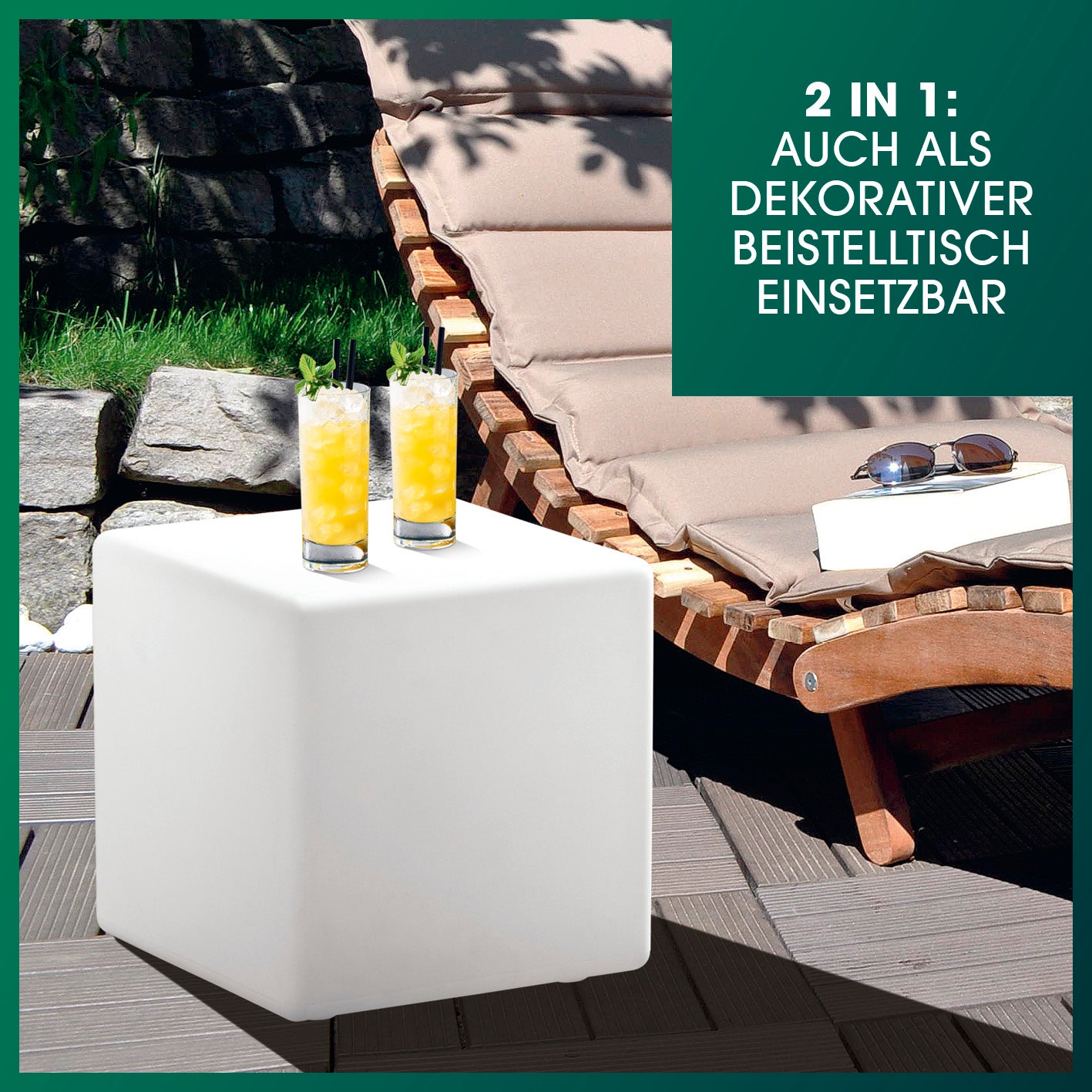 Solar-Leuchte Dekowürfel als moderner Würfel und dekorativer Beistelltisch im Garten mit warmweißem Licht und Farbwechsel.