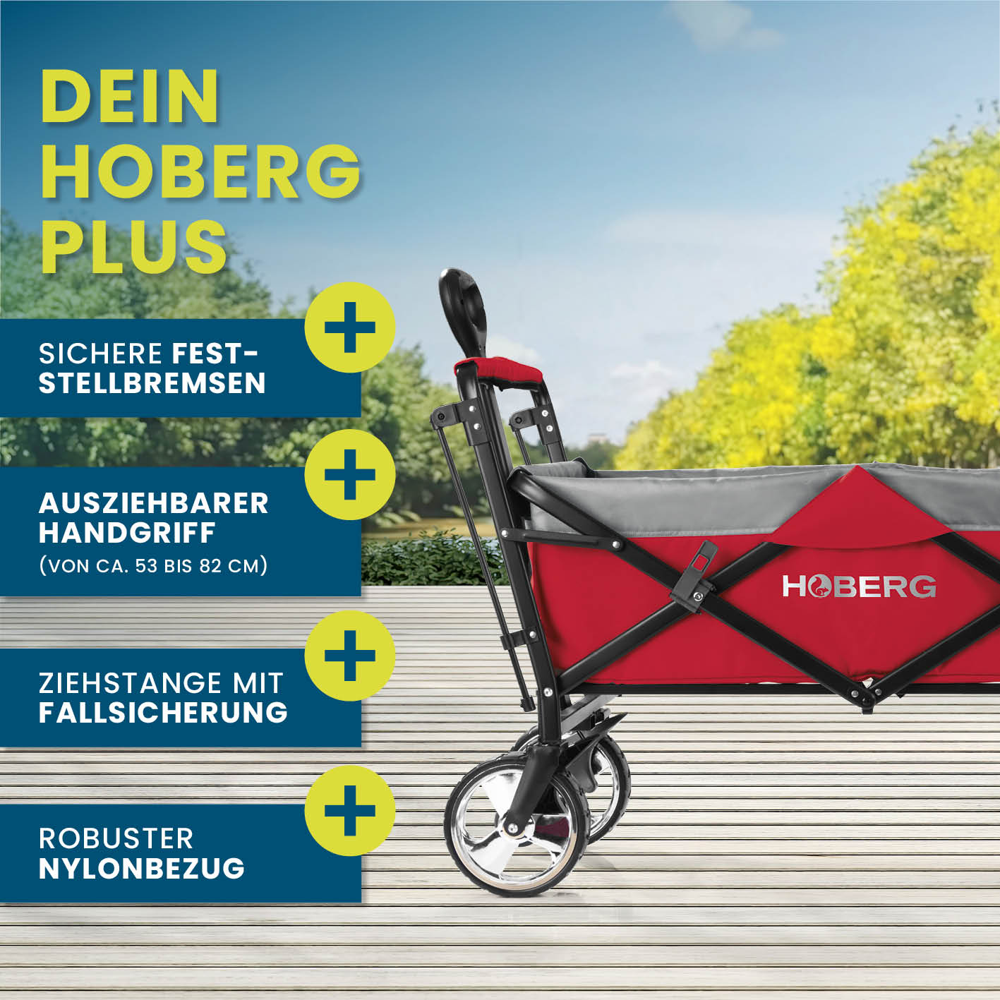 Faltbarer Bollerwagen - Rot mit sicherer Feststellbremse, ausziehbarem Handgriff, Fallsicherung und robustem Nylonbezug von HOBERG.
