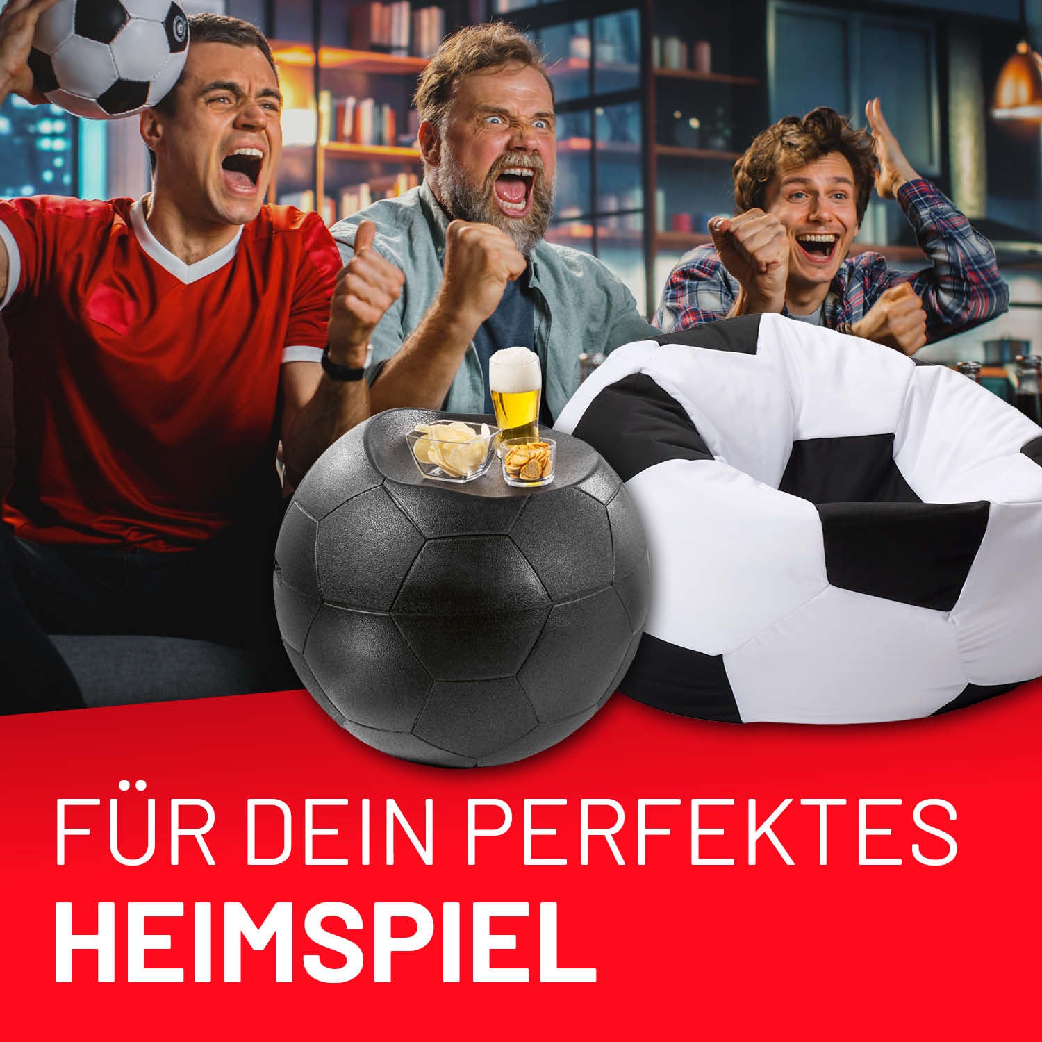 EM 2024 Fan-Lounge 2 + 1 mit 2 XXL-Fußball-Sitzsäcken und Fußball-Kühlbox für beste EM-Stimmung drinnen und draußen.