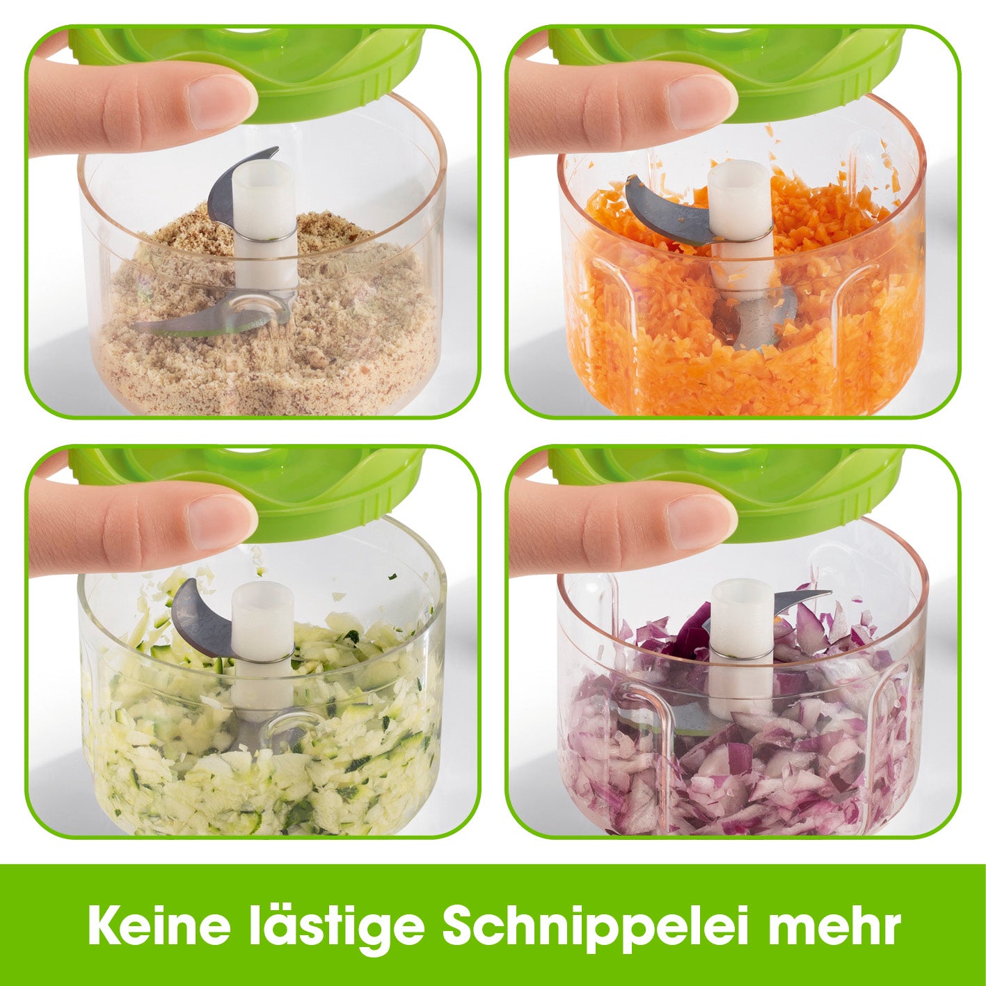 Multi-Zerkleinerer inkl. USB-Kabel 250 ml weiß/limegreen zeigt Gemüse und Nüsse zerkleinert mit Edelstahlklingen.