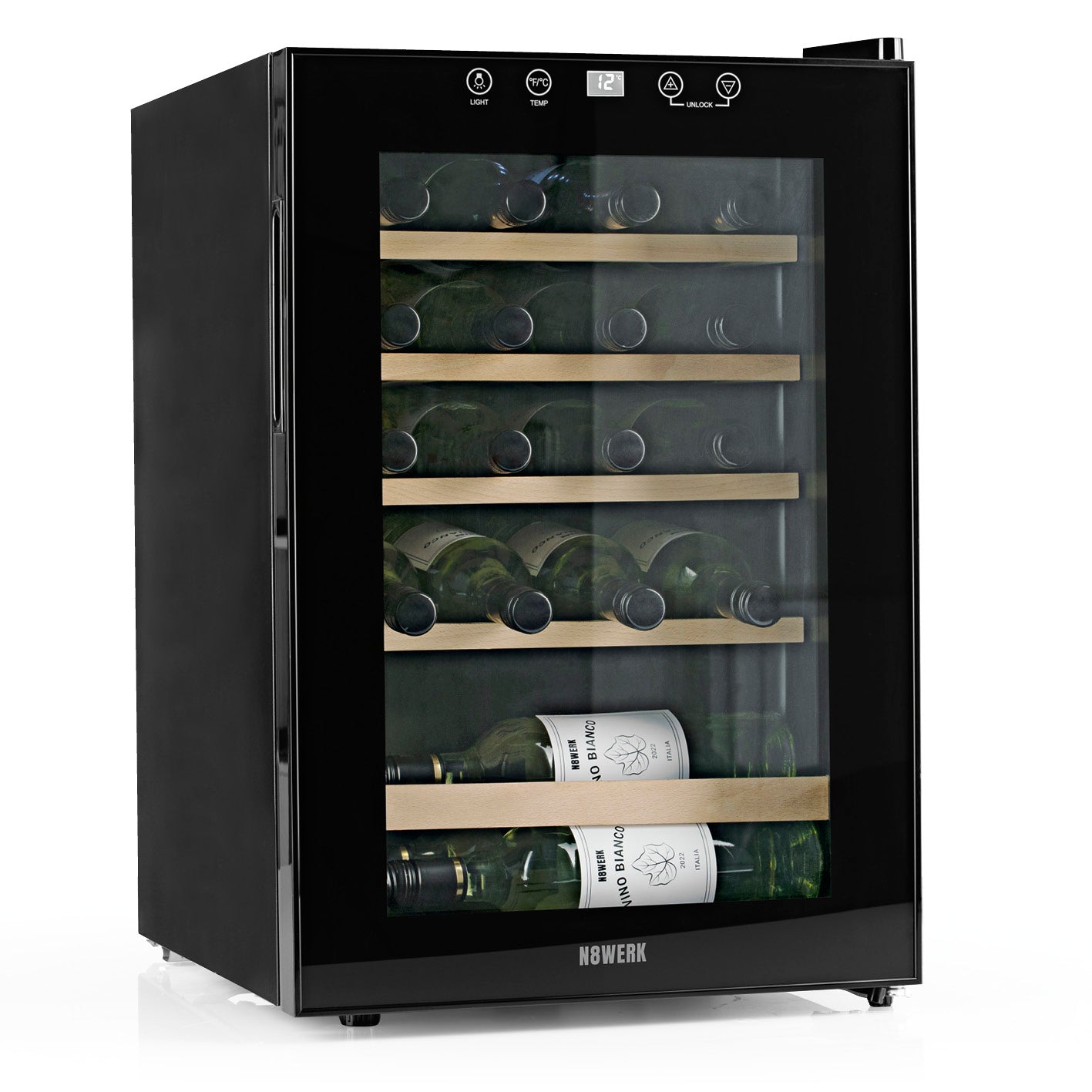 Weinkühlschrank - 20 Flaschen mit LED-Beleuchtung, 4-18 °C Temperaturbereich, vibrationsfrei und geräuscharm für Wohnräume.