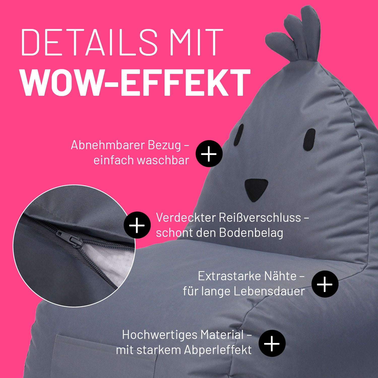 Kindersitzsack Animal Line Chick (200 L) Stahlgrau, wasserabweisend, abnehmbarer Bezug, verdeckter Reißverschluss, robuste Nähte, waschbar.
