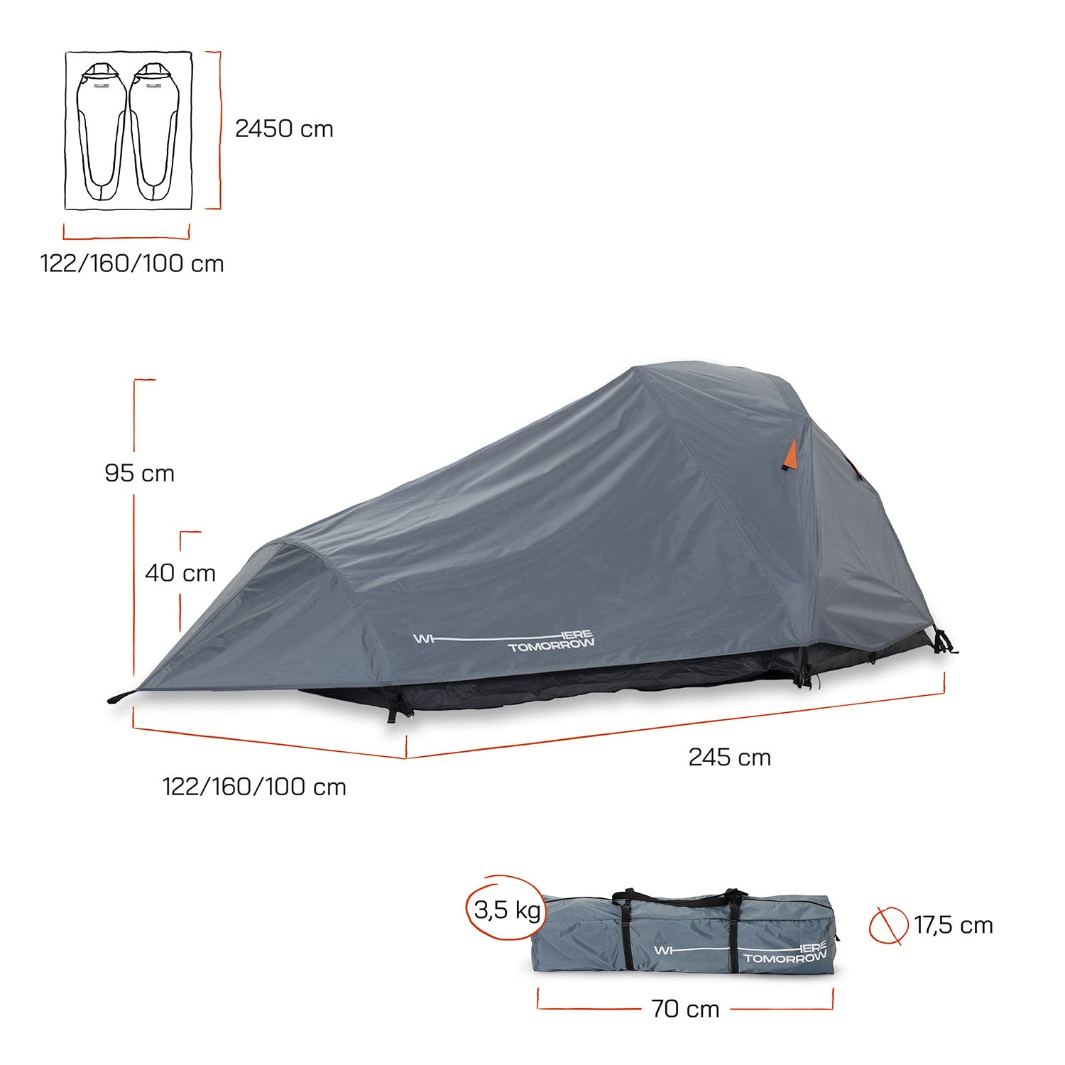 2-Personen-Kompakt-Zelt - Pop Up Wurfzelt Trekkingzelt - 245x160x95 cm - Grau