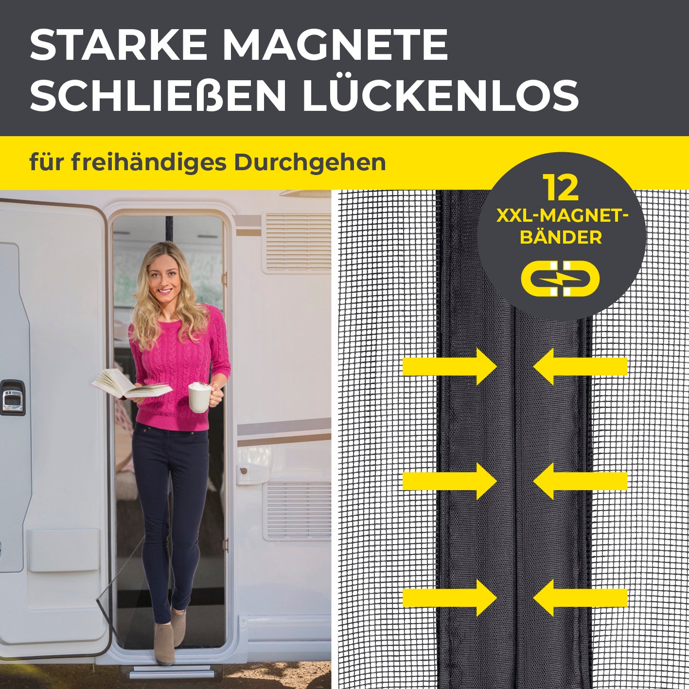 Insektenschutzvorhang für Wohnwagen - 60 x 195 cm mit 12 starken XXL-Magnetbändern für lückenlosen Schutz und freihändiges Durchgehen.