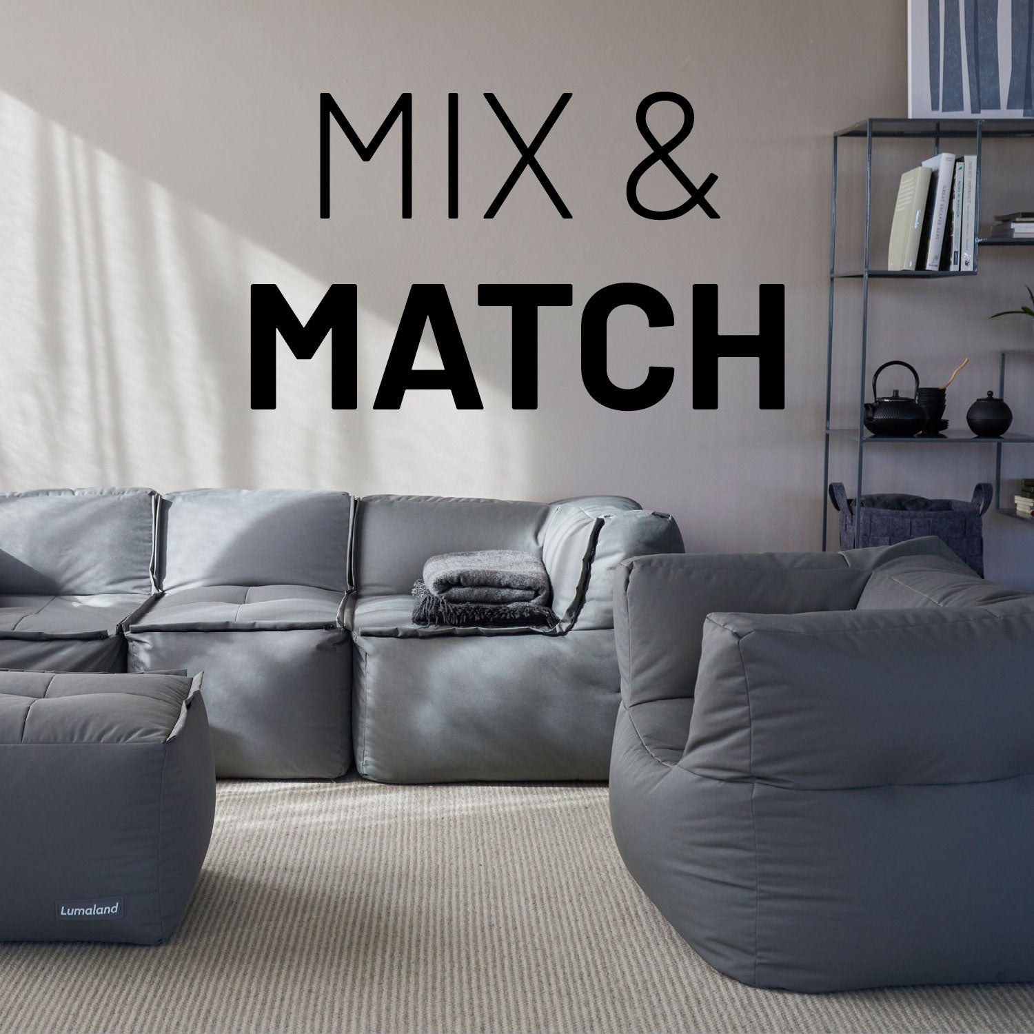 Sitzsack-Sofa Mittelstück (200 L) in Grau, modulares System, indoor & outdoor mit Mix-&-Fix-Reißverschluss und robustem Material.