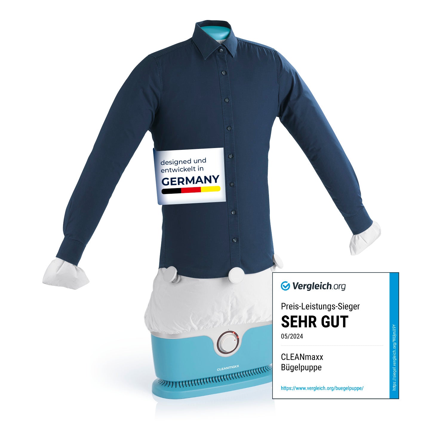 Hemdenbügler PRO - Blau mit automatischer Bügelpuppe, ideal für faltenfreie Hemden, entwickelt in Deutschland, Leistung: 1800 Watt.