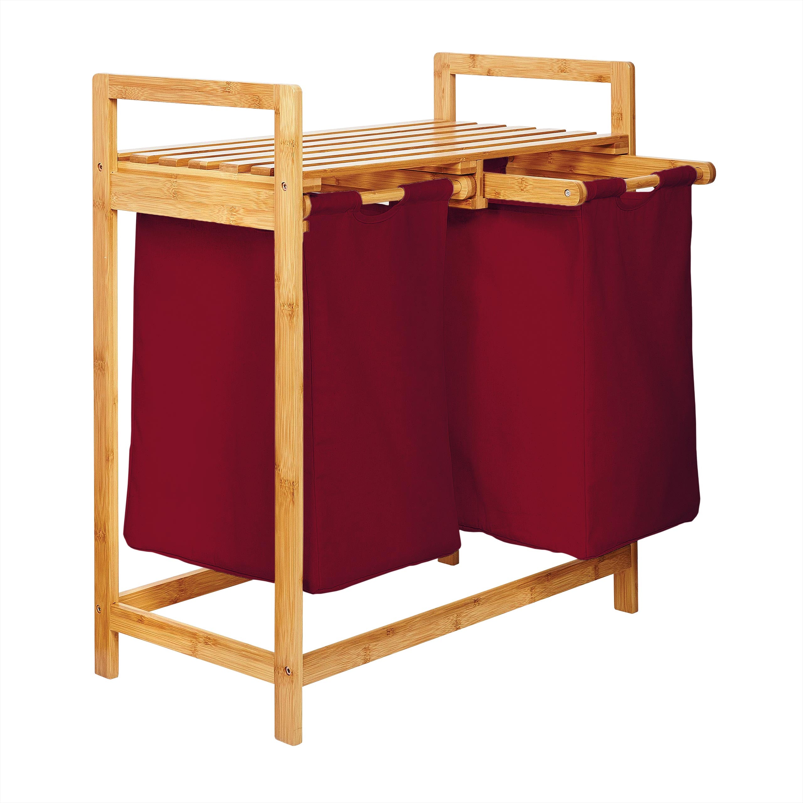 Bambus Wäschekorb mit 2 ausziehbaren Wäschesacken - 73 x 64 x 33 cm - Dunkelrot