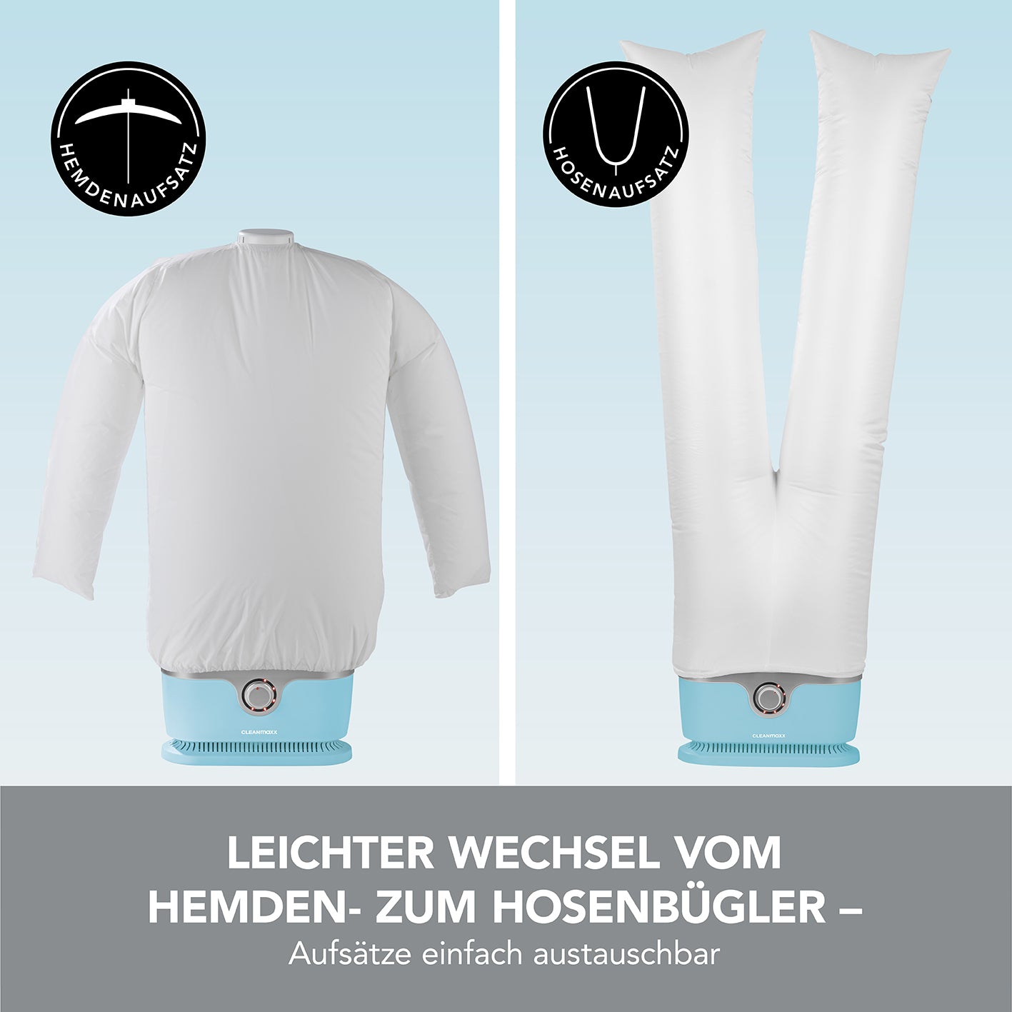 Hemdenbügler PRO mit Hosenaufsatz - leichter Wechsel zwischen Hemden- und Hosenaufsatz, vollautomatisches Trocknen und Bügeln.