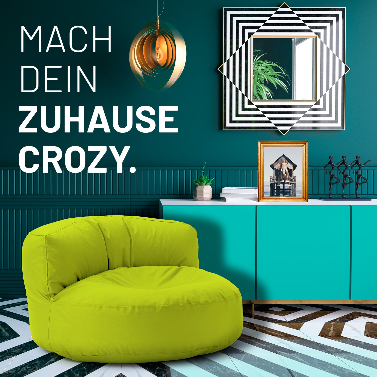 Sitzsack Lounge (320 L) Apfelgrün für drinnen & draußen, leicht, langlebig, pflegeleicht, mit EPS-Füllung und verdecktem Reißverschluss.