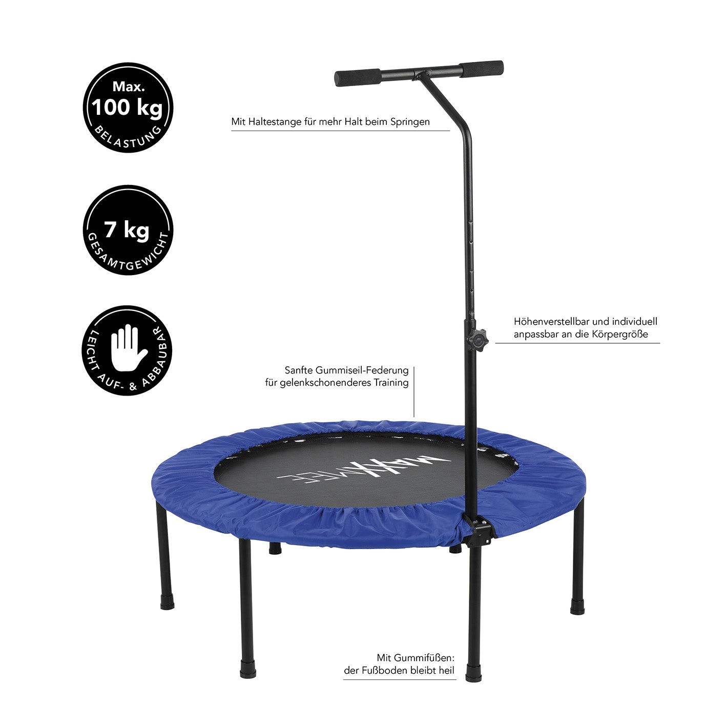 Fitness Trampolin - Mit höhenverstellbarer Haltestange blau/schwarz, 7 kg, max. 100 kg, gelenkschonende Federung, höhenverstellbar, stabil.