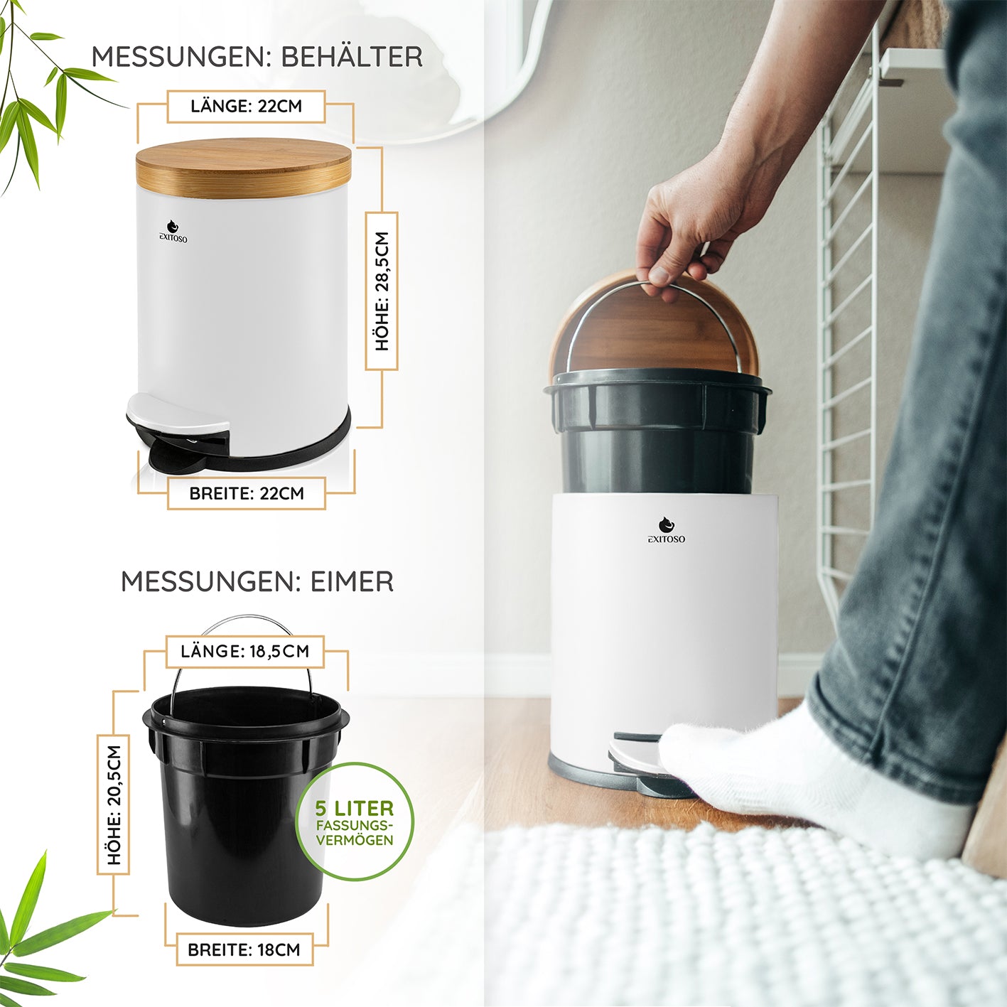 Tretmülleimer mit Softclose-Deckel - 5 l - Weiß, kompakt mit Bambusdeckel, Antirutschboden und herausnehmbarem Inneneimer.