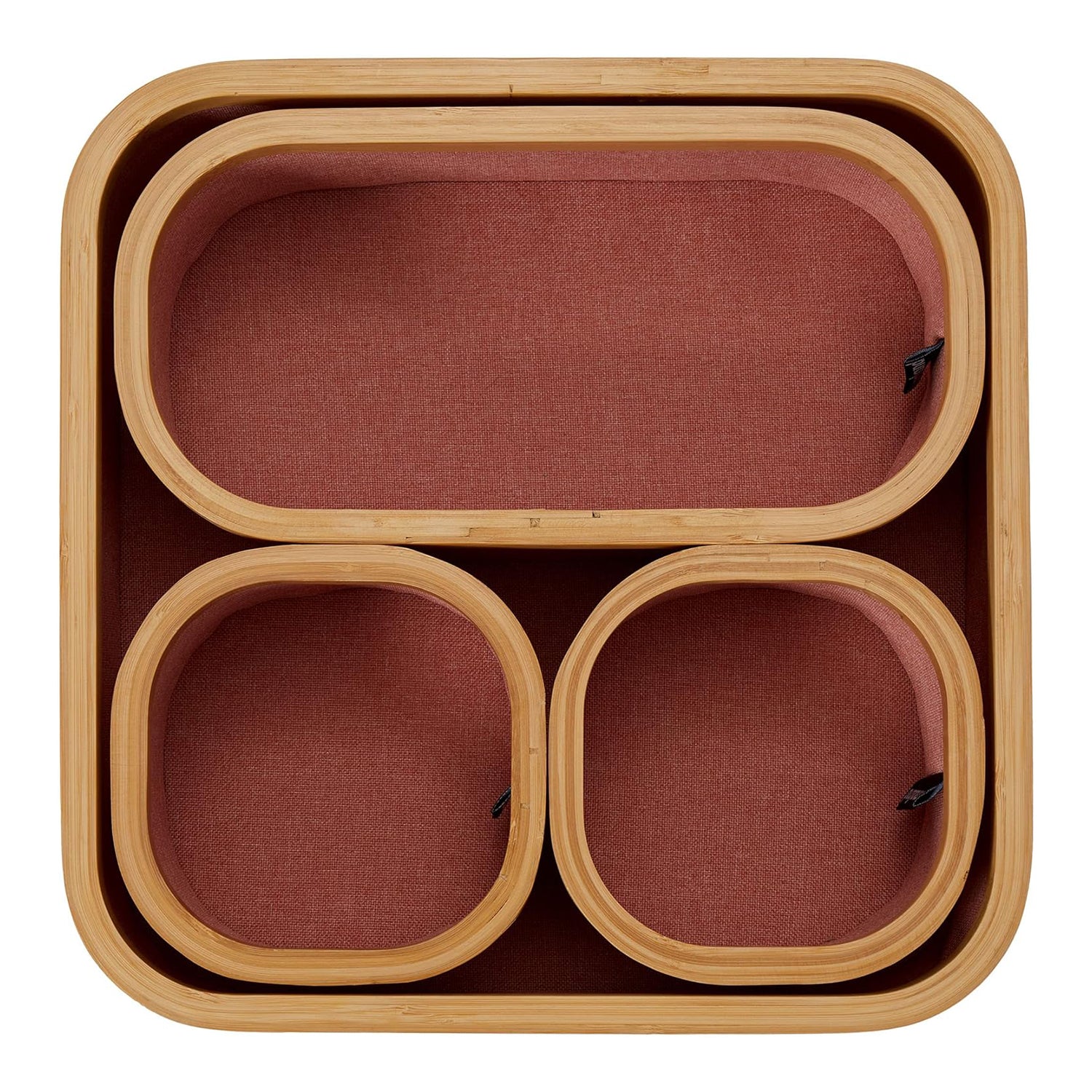 Aufbewahrungsboxen mit Bambus-Rahmen - 4er-Set in Rosa, stapelbar, verschiedene Größen, langlebig und pflegeleicht von LUMALAND.