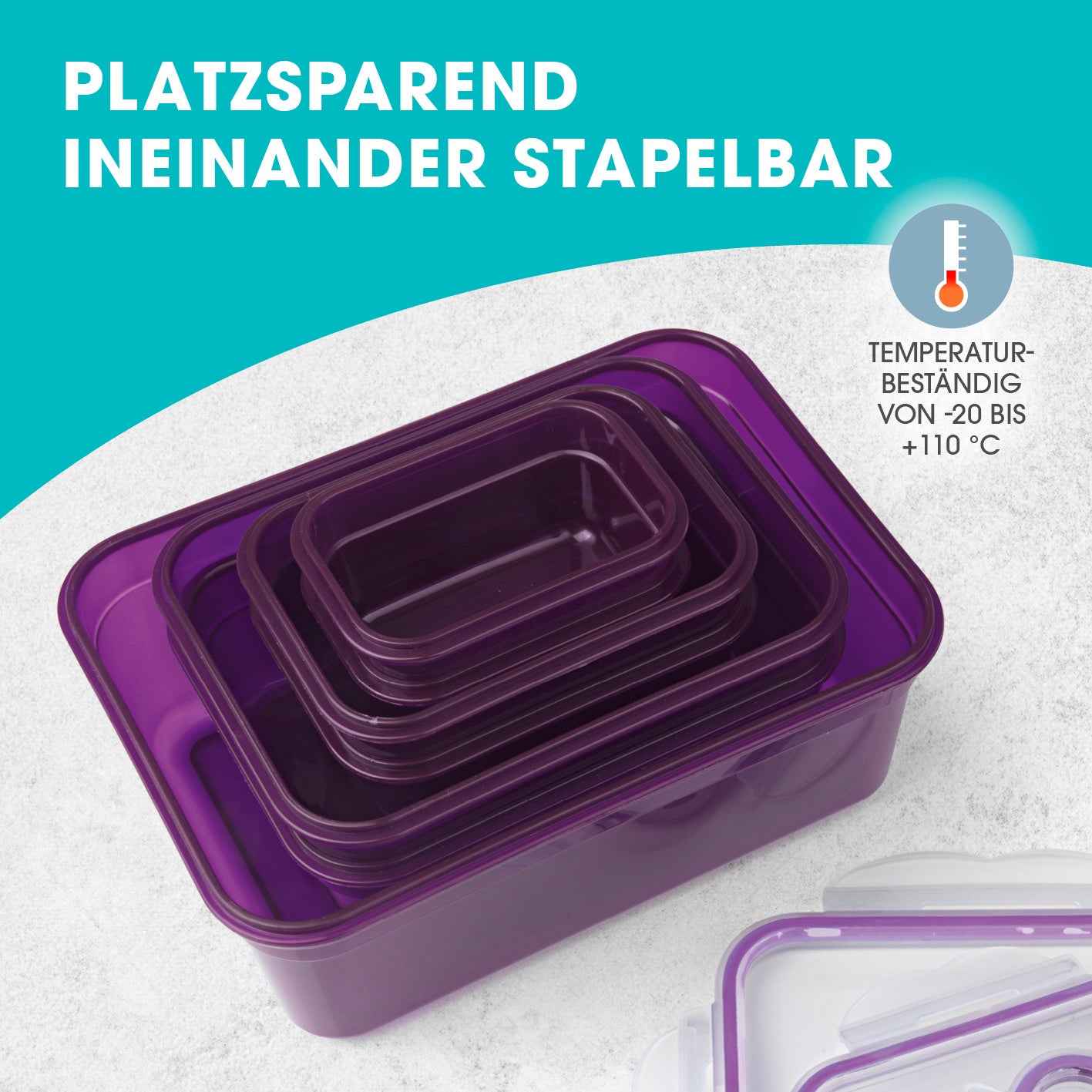 Frischhaltedosen Klick-it 72-tlg. lila/pink/türkis, stapelbar, 4-fach-Klickverschluss, spülmaschinenfest, mikrowellengeeignet.