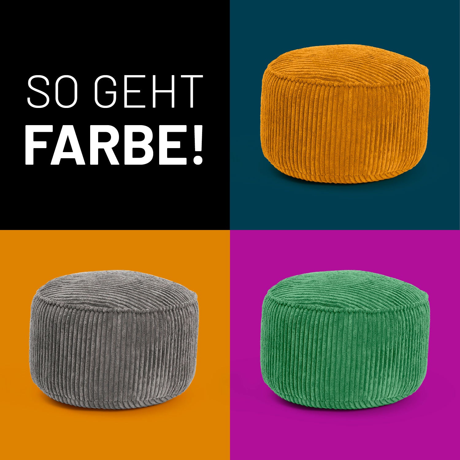 Sitzsack Pouf aus der Cord-Reihe - Senfgelb mit geripptem Stoff, vielseitig als Hocker, Schemel oder Ablage nutzbar.