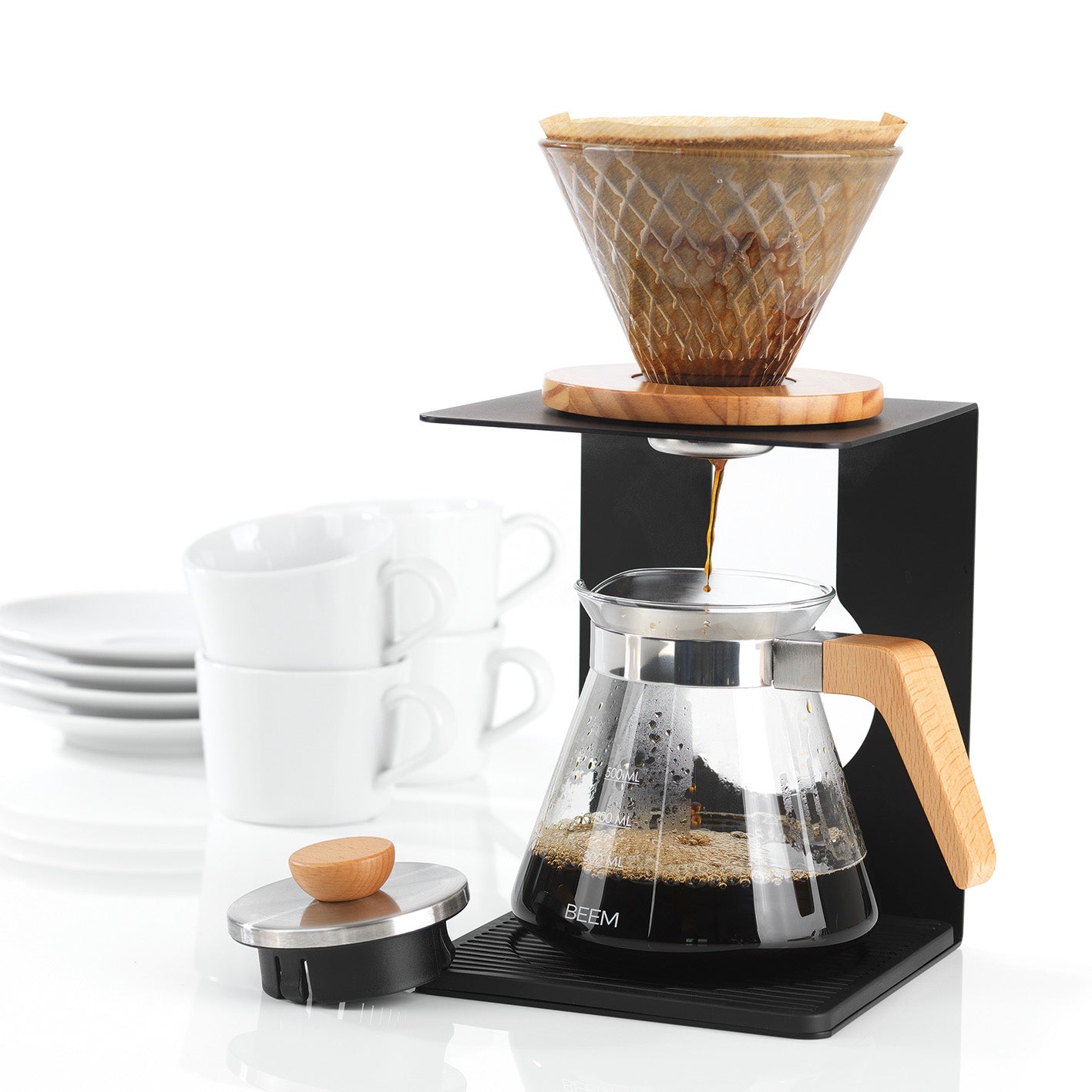 Kaffeebereiter Set Pour Over - 4-tlg. - 600 ml - schwarz/Edelstahl mit Glaskanne, Holzgriff und modernem Aluminiumgestell.