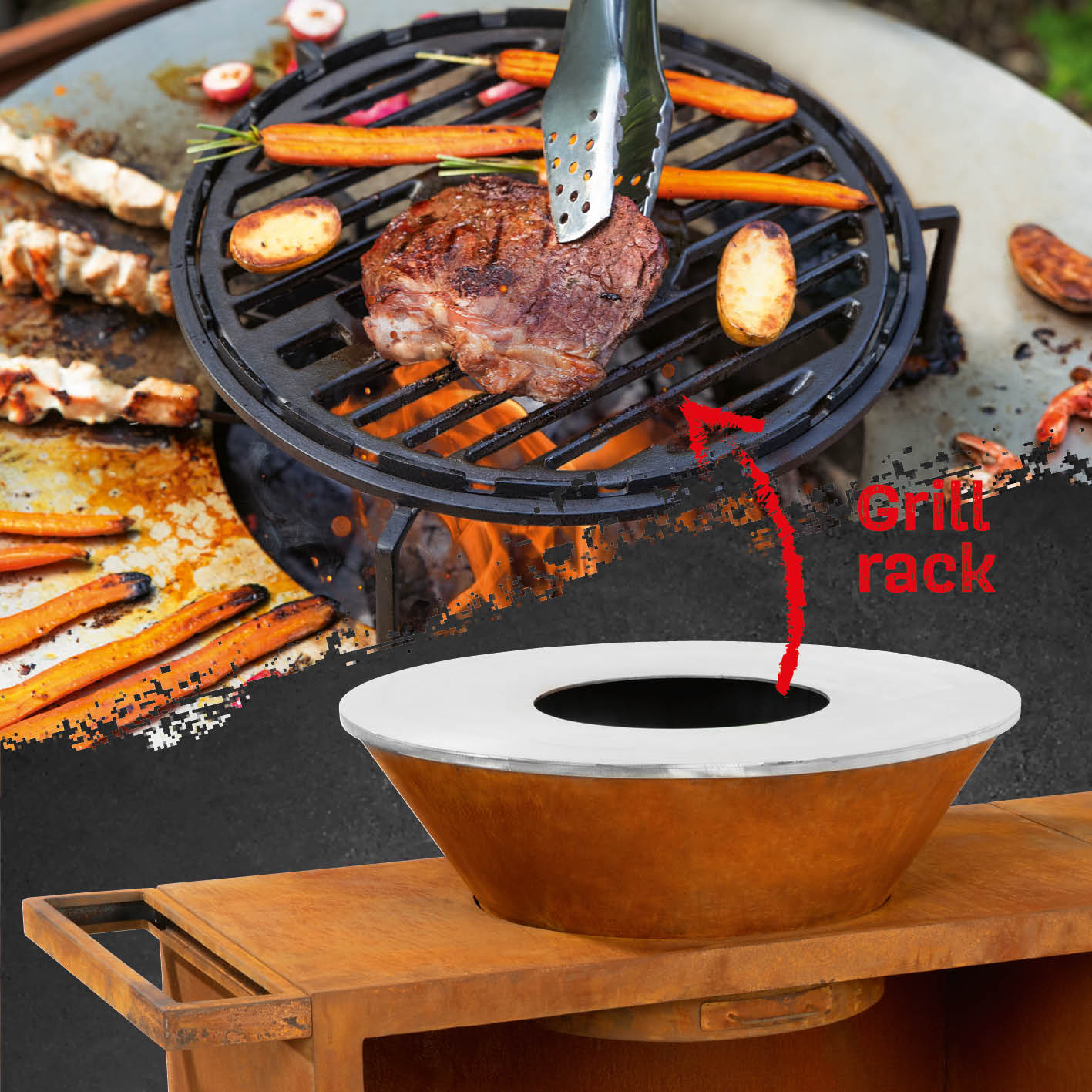 Feuerschalen-Wagen + Plancha-Grill KORREO - Ø 70 cm mit Grillrost aus Gusseisen, Plancha-Grillplatte und fahrbarem Wagen für flexibles Grillen.
