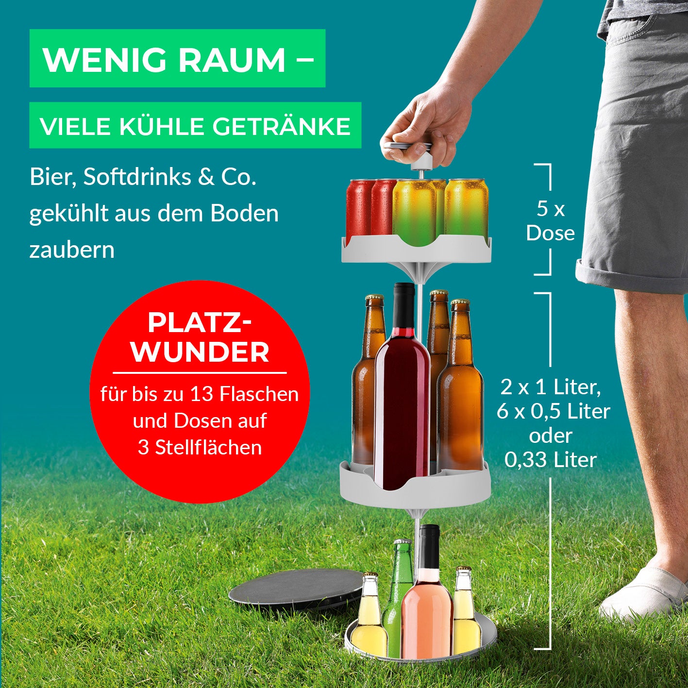 Outdoor-Flaschenkühler mit 3 Stellflächen für bis zu 13 Flaschen, ideal für gekühlte Getränke ohne Strom im Garten oder beim Grillen.