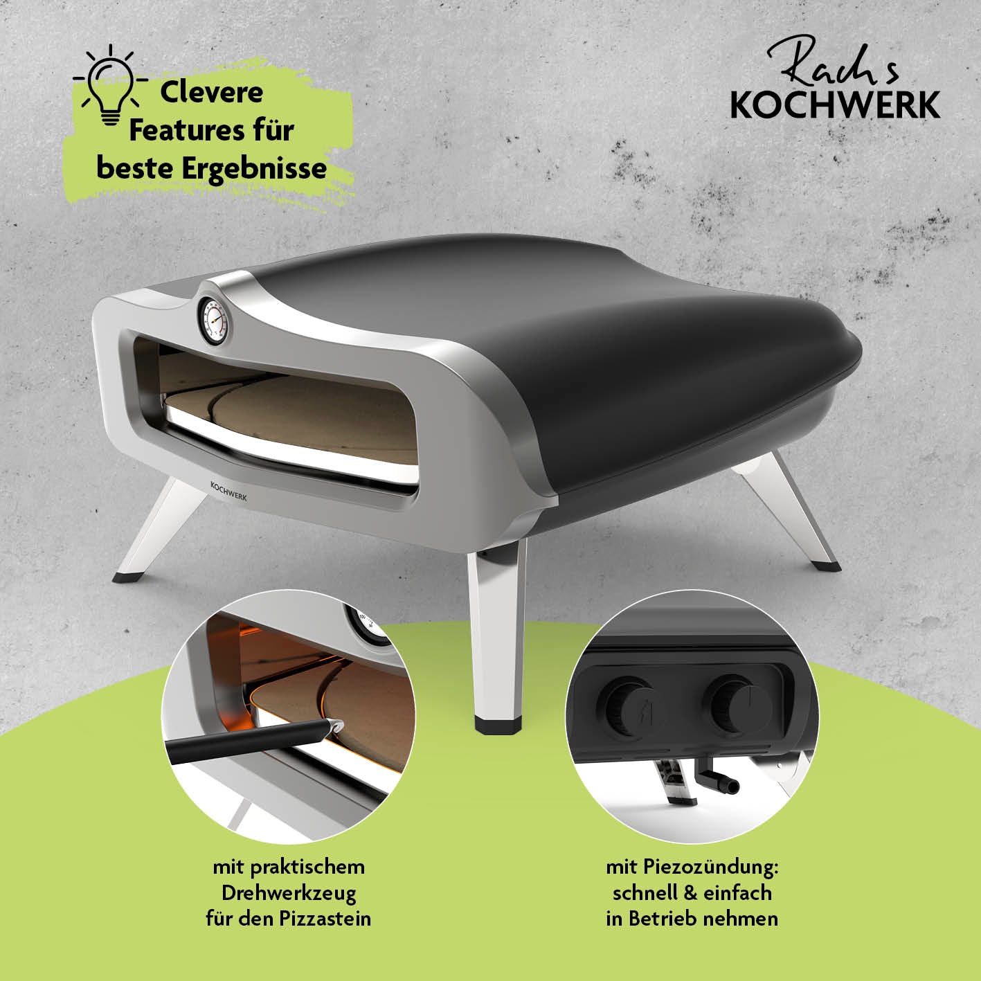 Gas-Pizzaofen für Pizzen bis zu Ø 34 cm mit drehbarem Cordierit-Pizzastein, Thermometer und Piezozündung für schnelle Zubereitung.