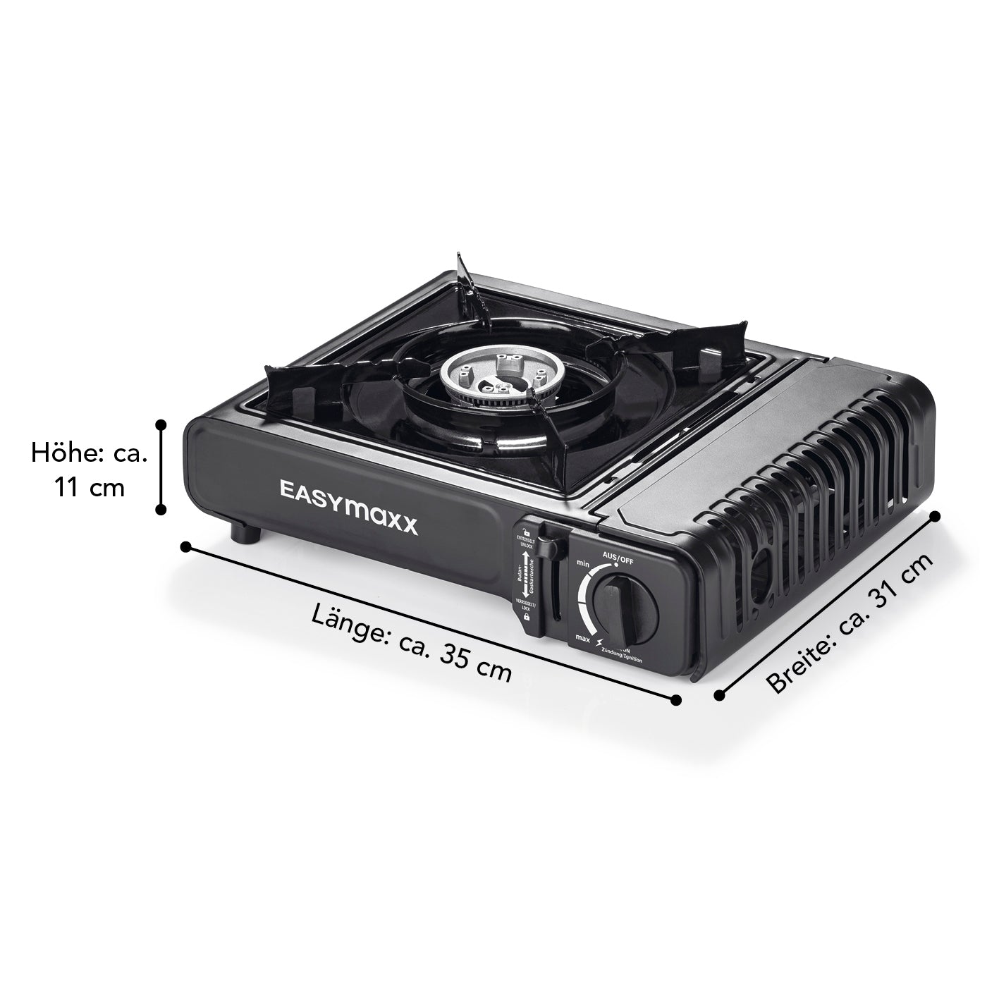 Gaskocher tragbar 2500W - Schwarz, leichter Camping-Gaskocher mit Ganzmetallgehäuse und Piezozündung, stufenlos regulierbar.