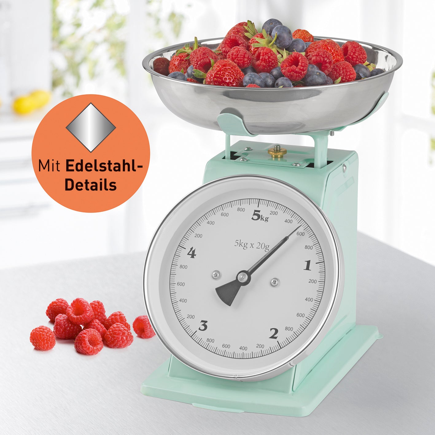 Küchenwaage Retro in Mint mit Edelstahl-Schale, mechanisch bis 5 kg, Zuwiegefunktion und manuell justierbarer Nullstellung.
