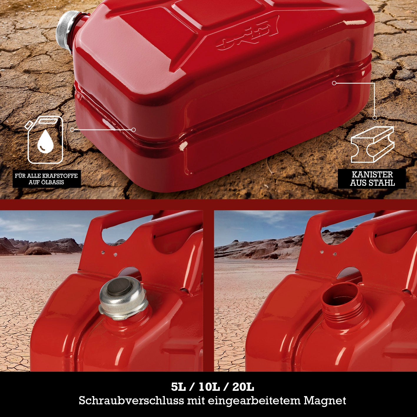 Kraftstoffkanister Metall mit Schraubverschluss - 10 Liter - Rot, robuster Stahlkanister mit benzinbeständiger Innenversiegelung und sicherem Verschluss.