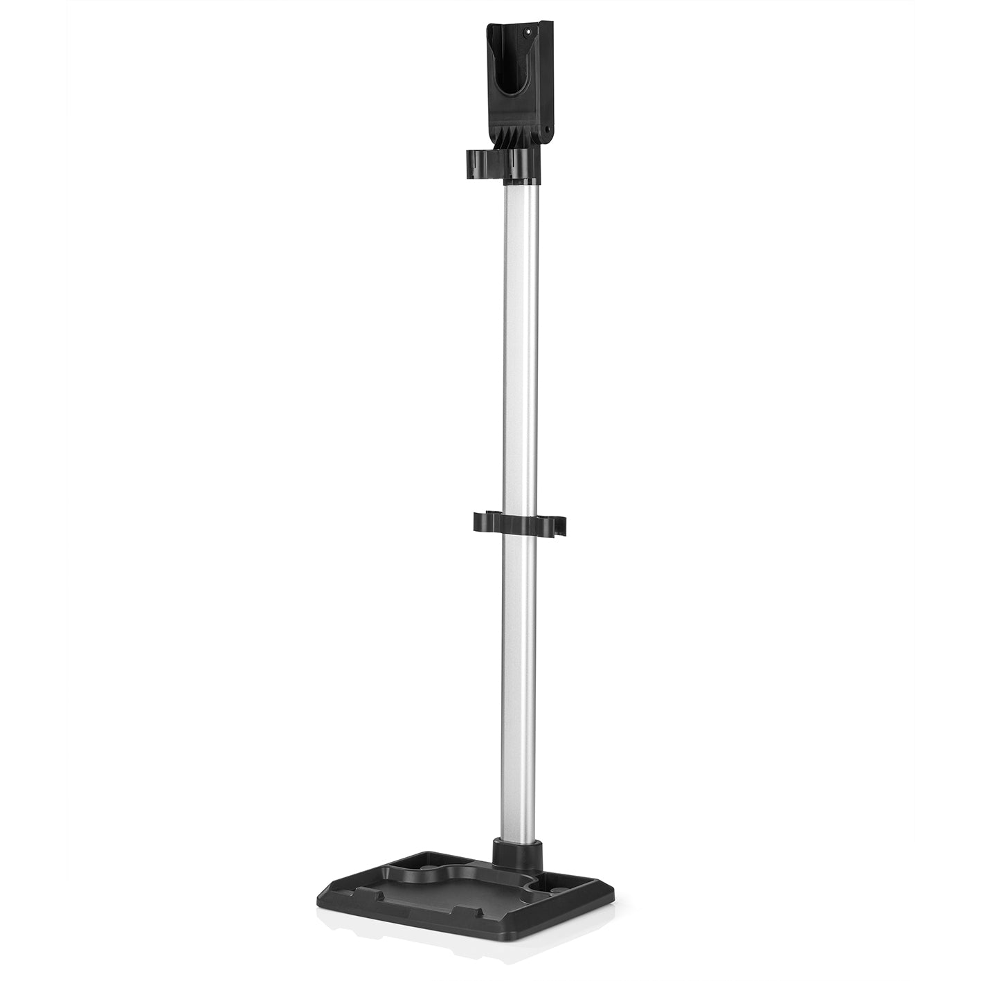 Schwarze Standhalterung für die Clever Clean Serie, einfache Aufstellung ohne Bohren, kompatibel mit Netzteil und Ladestation für Akku-Sauger.