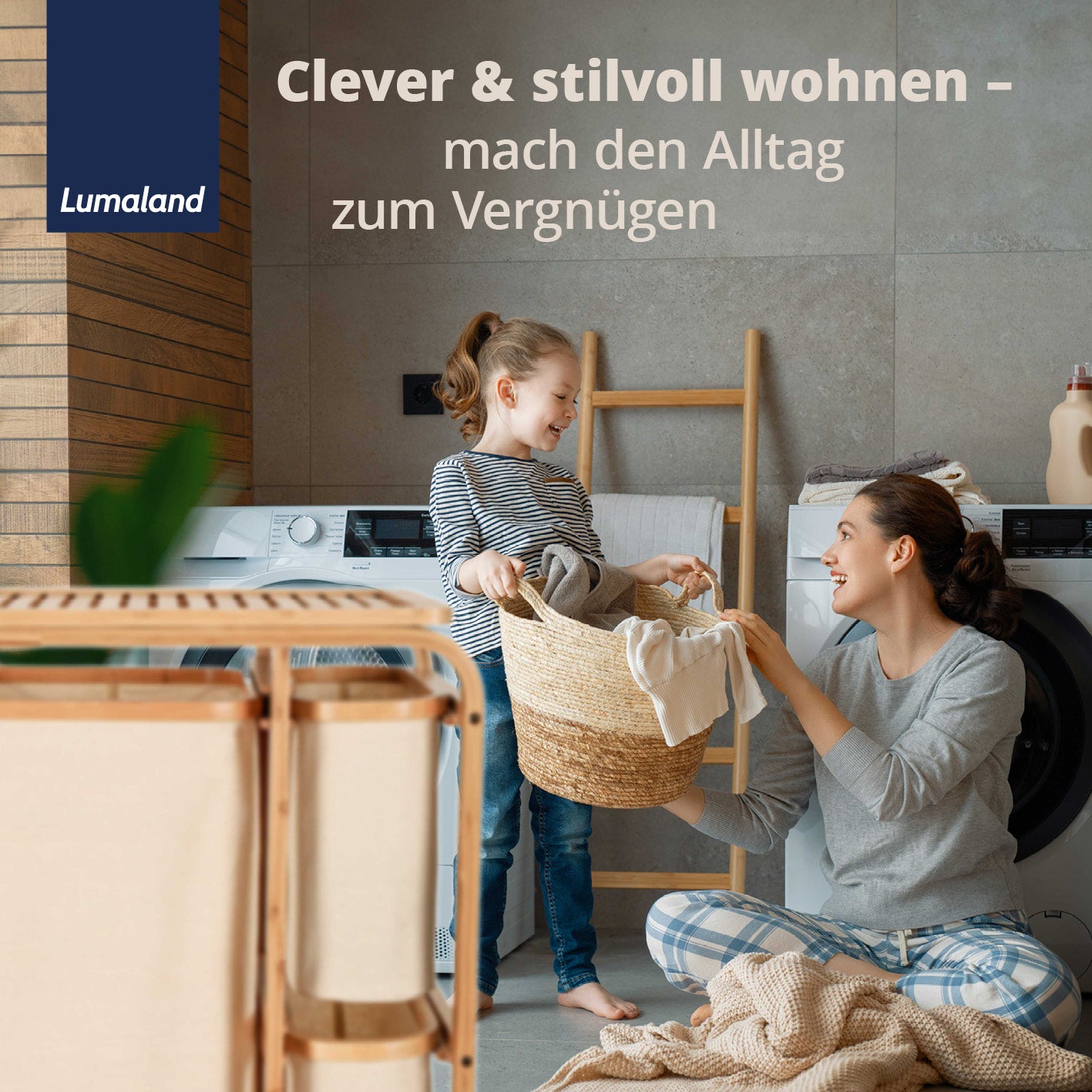 Bambus Wäschekorb - 1 XL Fach + 2 Kompaktfächer - 49,5 x 33 x 71 cm - Beige