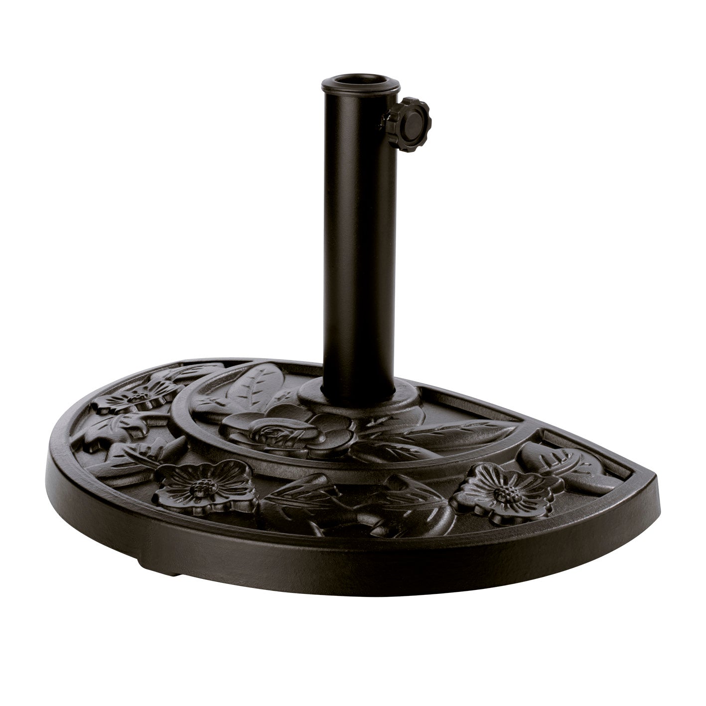 Sonnenschirmfuß Guß-Optik - Schwarz, halbrunder Sockel mit floralen Details, ideal für kleine Balkone und Terrassen, wandnah platzierbar.