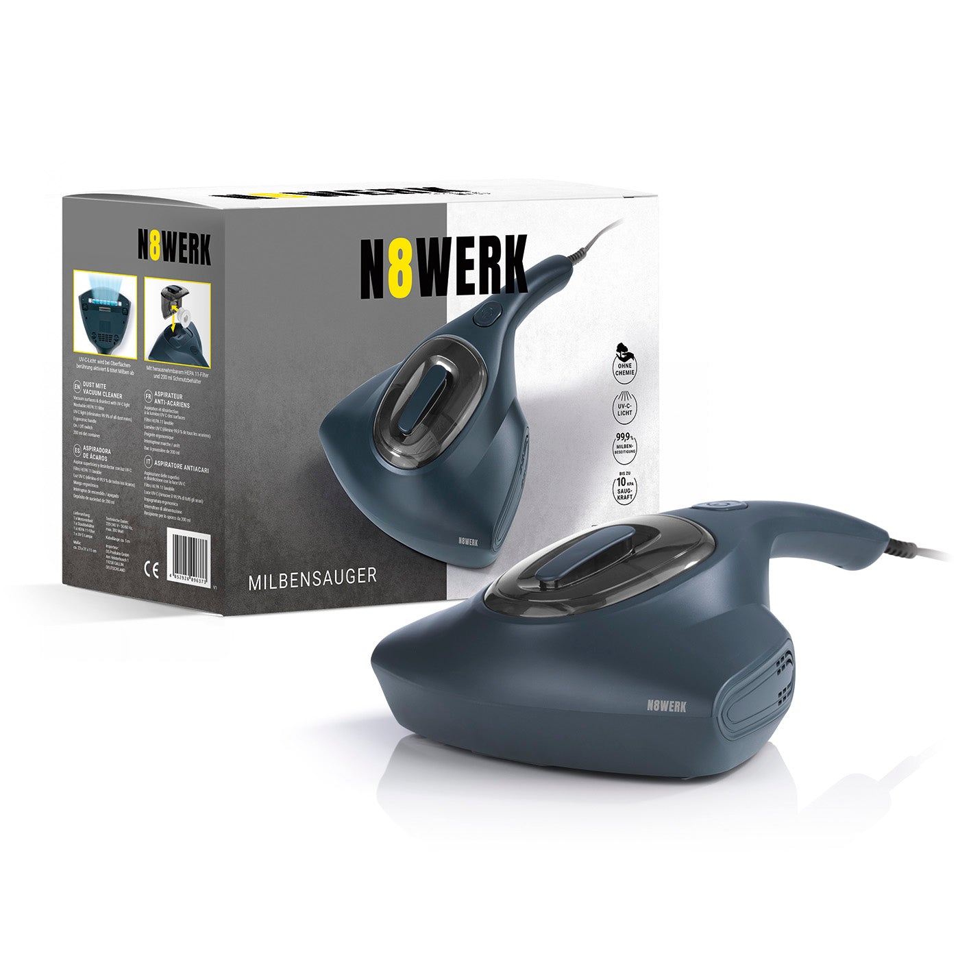 Milbensauger in der Nordic Night Edition mit HEPA 11-Filter und UV-C-Licht zur hygienischen Reinigung von Matratzen und Bettwaren.