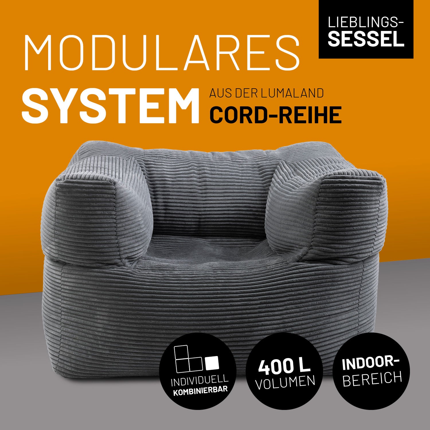 Modularer Sessel aus der Cord-Reihe – grauer, kuscheliger 400-L-Sessel mit geripptem Stoff, waschbarem Bezug und Indoor-Bereich geeignet.