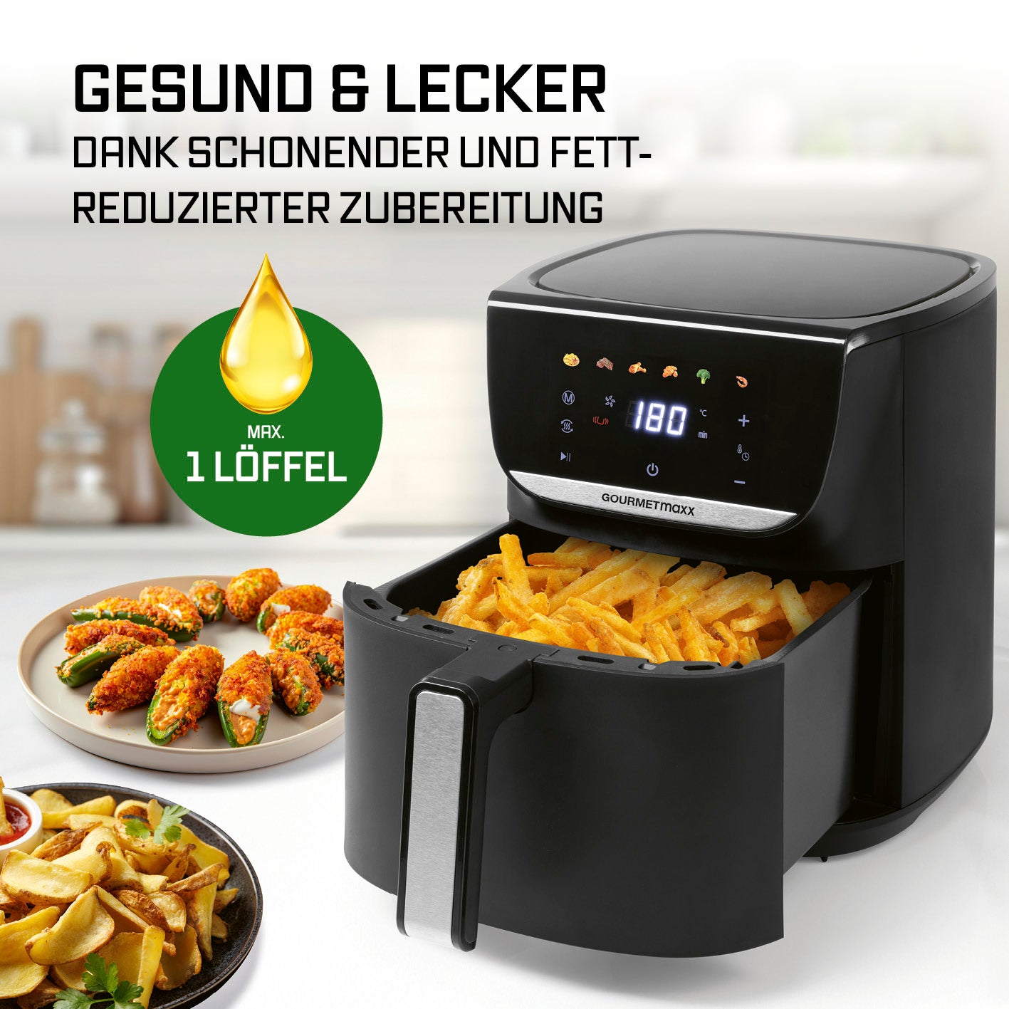 Heißluftfritteuse - 5,5 Liter mit LED-Touchdisplay, fettarm, 1700W für gesunde, knusprige Gerichte mit wenig Öl.