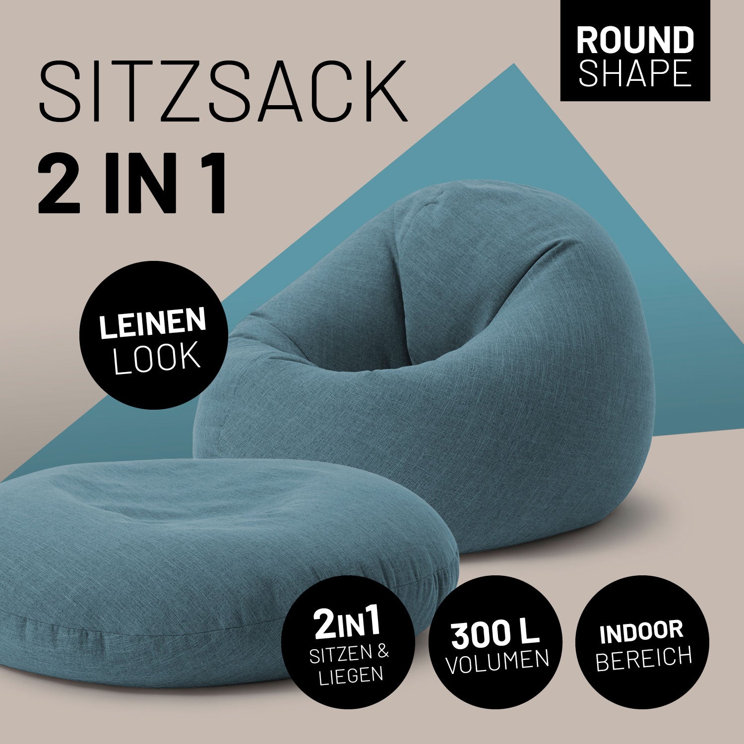 Sitzsack Interior Line (300 L) Aquamarin, 2-in-1 Leinenlook Indoor Sitz- und Liegesitzsack mit 300 Liter Volumen.