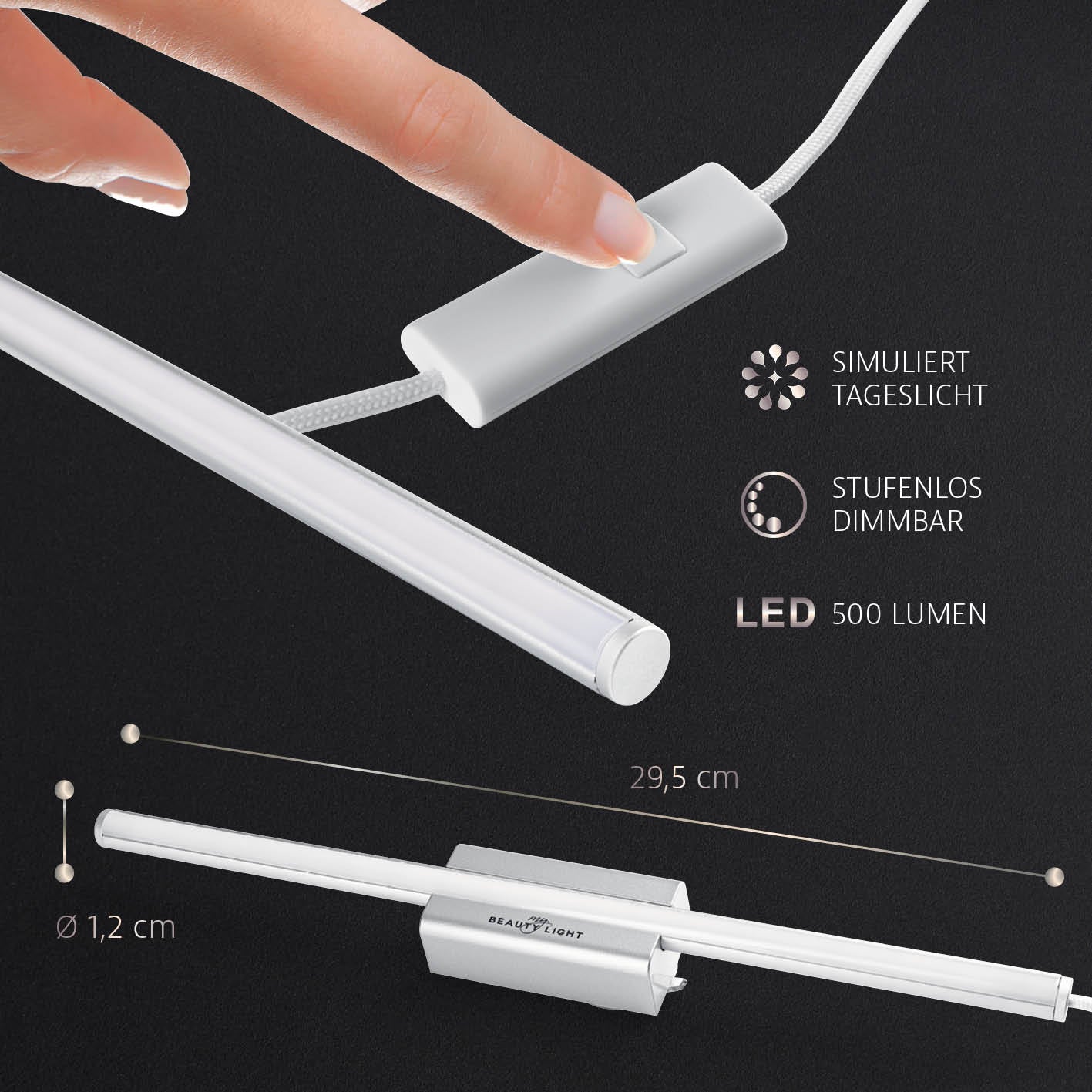 LED-Spiegelleuchte 5-in-1 Glamour Edition mit stufenlos dimmbarem Schalter, 5 Lichtfarben und Tageslichtsimulation, 29,5 cm lang, 500 Lumen.