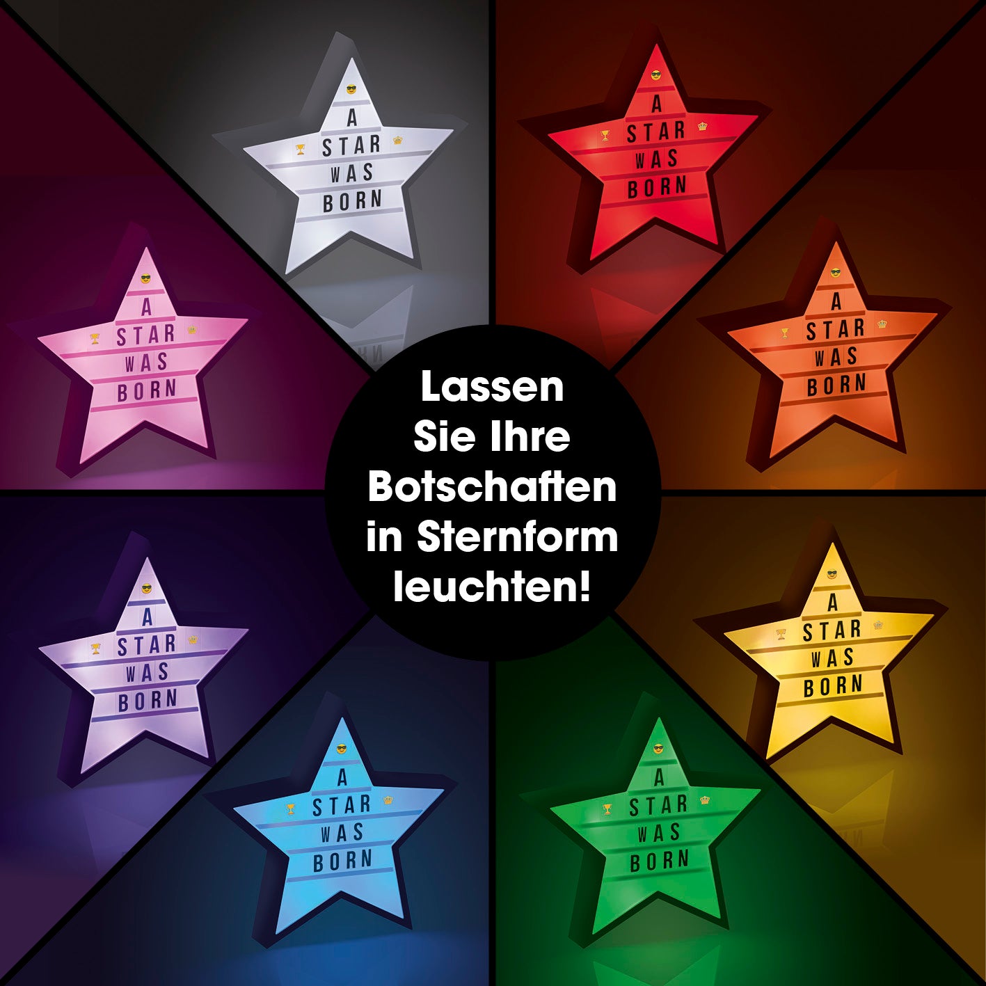 LED-Leuchtkasten Stern - 173 Buchstaben & 150 Moodjis in verschiedenen LEDs Farben für individuelle Textbotschaften in Sternform.