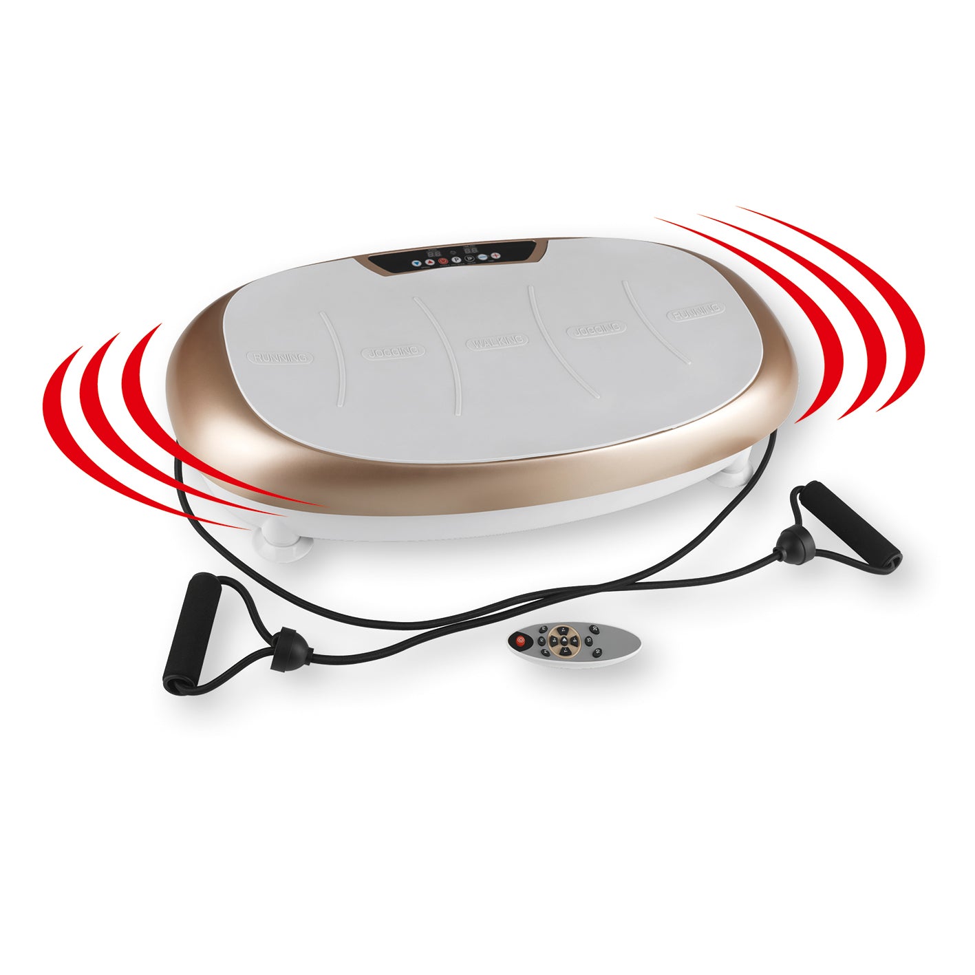 Vibrationstrainer - Champagner/Grau mit 30 Vibrationsstufen, 3 Trainingszonen, Expanderbändern und Fernbedienung.