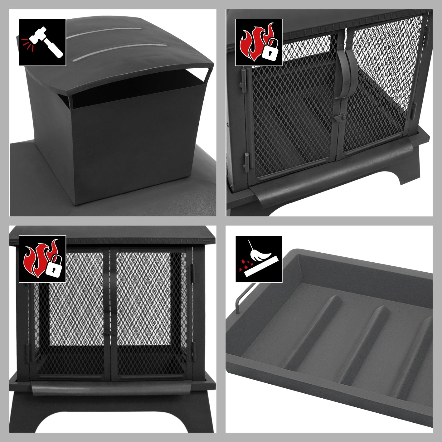 Feuerkorb FP-I-660 - 66 cm - schwarz mit Gitternetz, schwenkbaren Türen, abnehmbarer Feuerwanne und Schornstein für optimalen Rauchabzug.