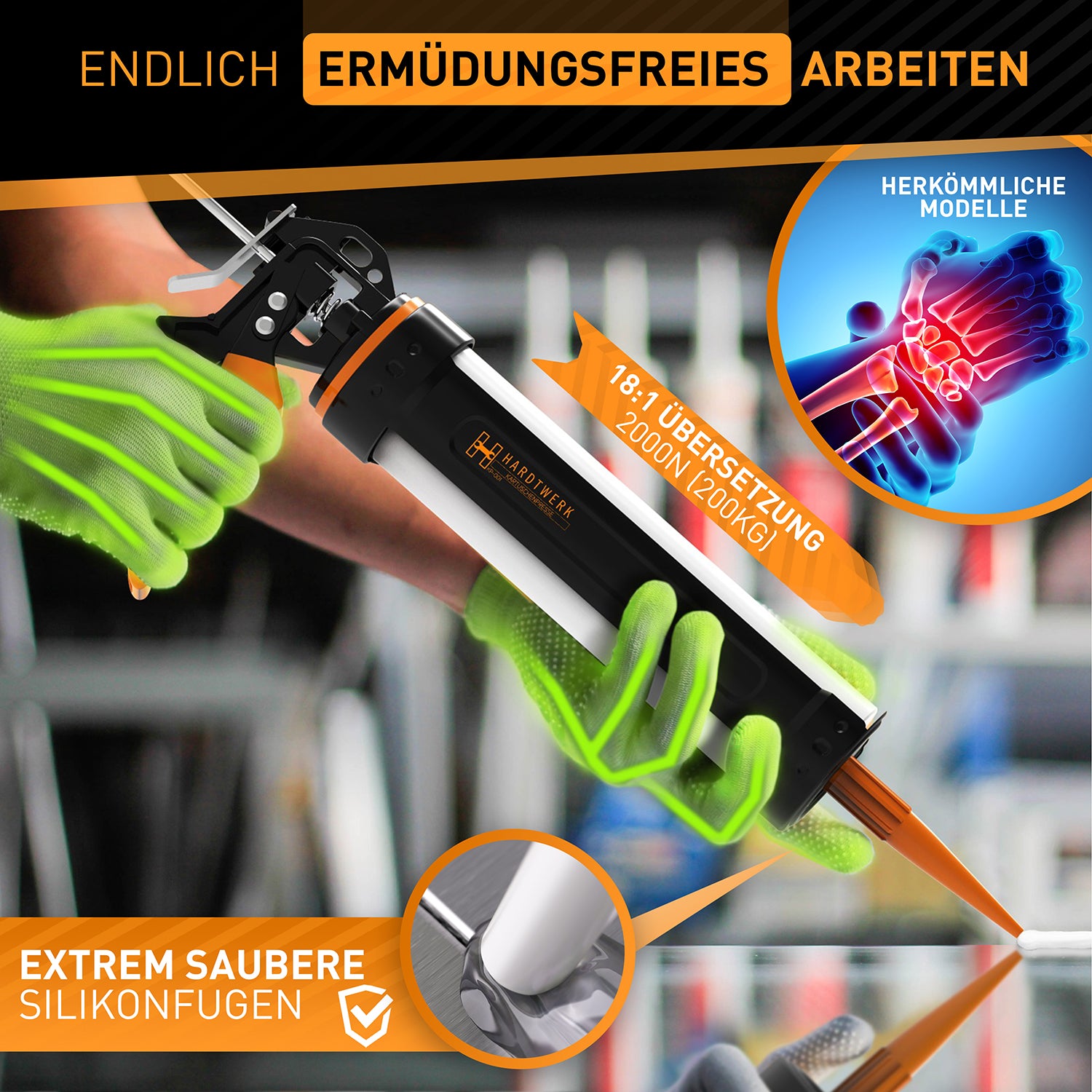 Profi Kartuschenpresse mit Kartuschen-Cutter für ermüdungsfreies Arbeiten und präzises Dosieren von Silikonfugen bei 18:1 Übersetzung.