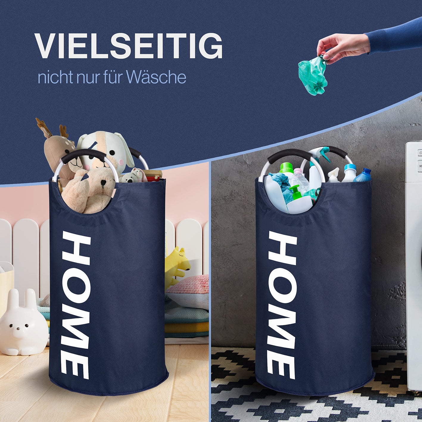 Faltbarer Wäschekorb - Dunkelblau, 82 Liter Volumen, wasserabweisend, platzsparend, vielseitig als Wäschekorb und Aufbewahrungskorb.