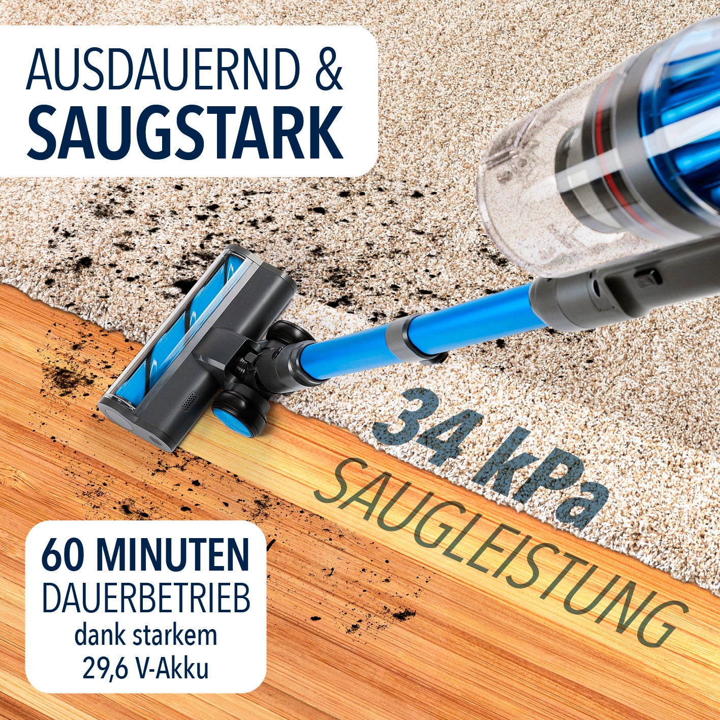 AeroTech 500 Staubsauger mit Absaugstation Grau-Blau reinigt kraftvoll mit 34 kPa Saugleistung und 60 Min. Akkulaufzeit.
