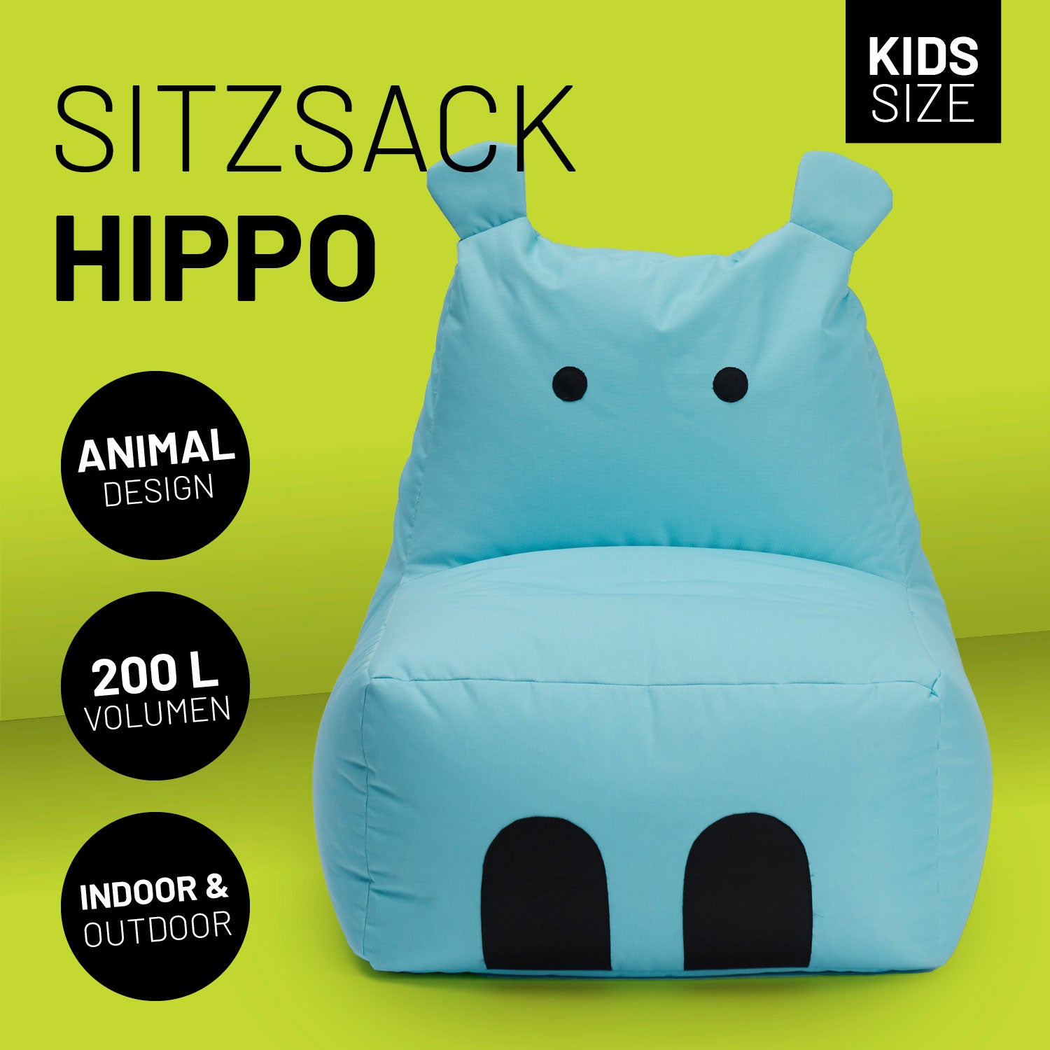 Kindersitzsack Animal Line Hippo (200 L) Türkis, kuscheliger Sitzsack mit wasserabweisendem Bezug, geeignet für Indoor & Outdoor.