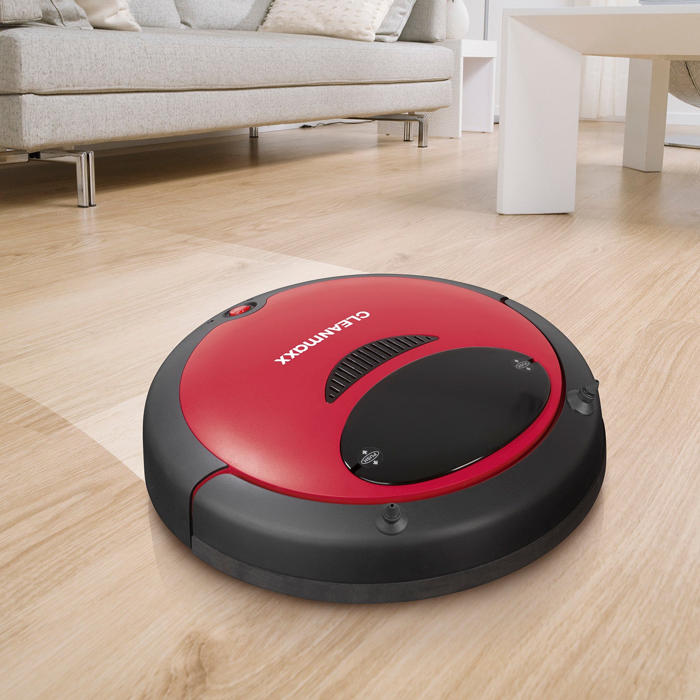 Saugroboter 2in1 - rot/schwarz, kompakter Roboterstaubsauger mit Wischfunktion, sensorgesteuerter Navigation und bis zu 1 Stunde Laufzeit.