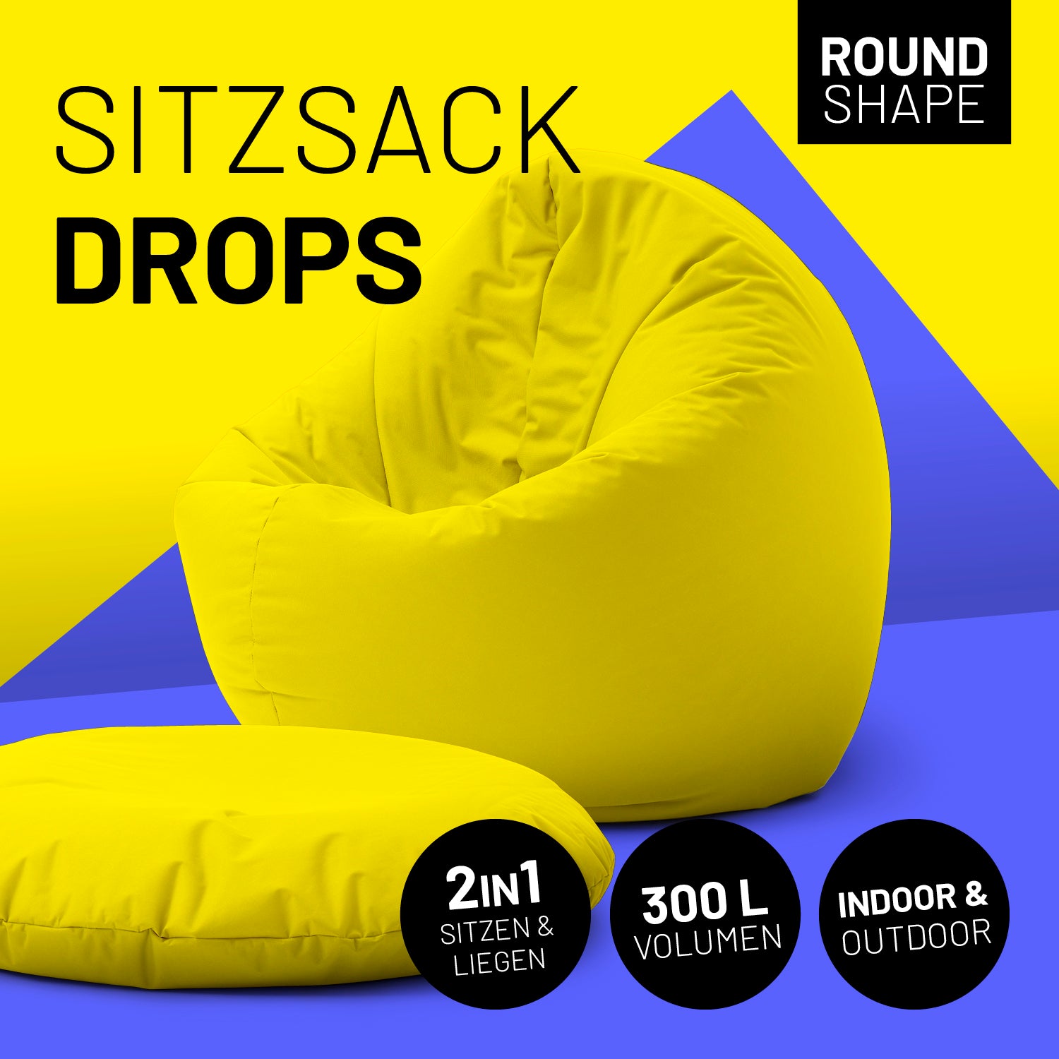 Sitzsack Drops (300 L) - moderner gelber 2in1 Sitzsack, indoor & outdoor, langlebig, pflegeleicht, mit verdecktem Reißverschluss.